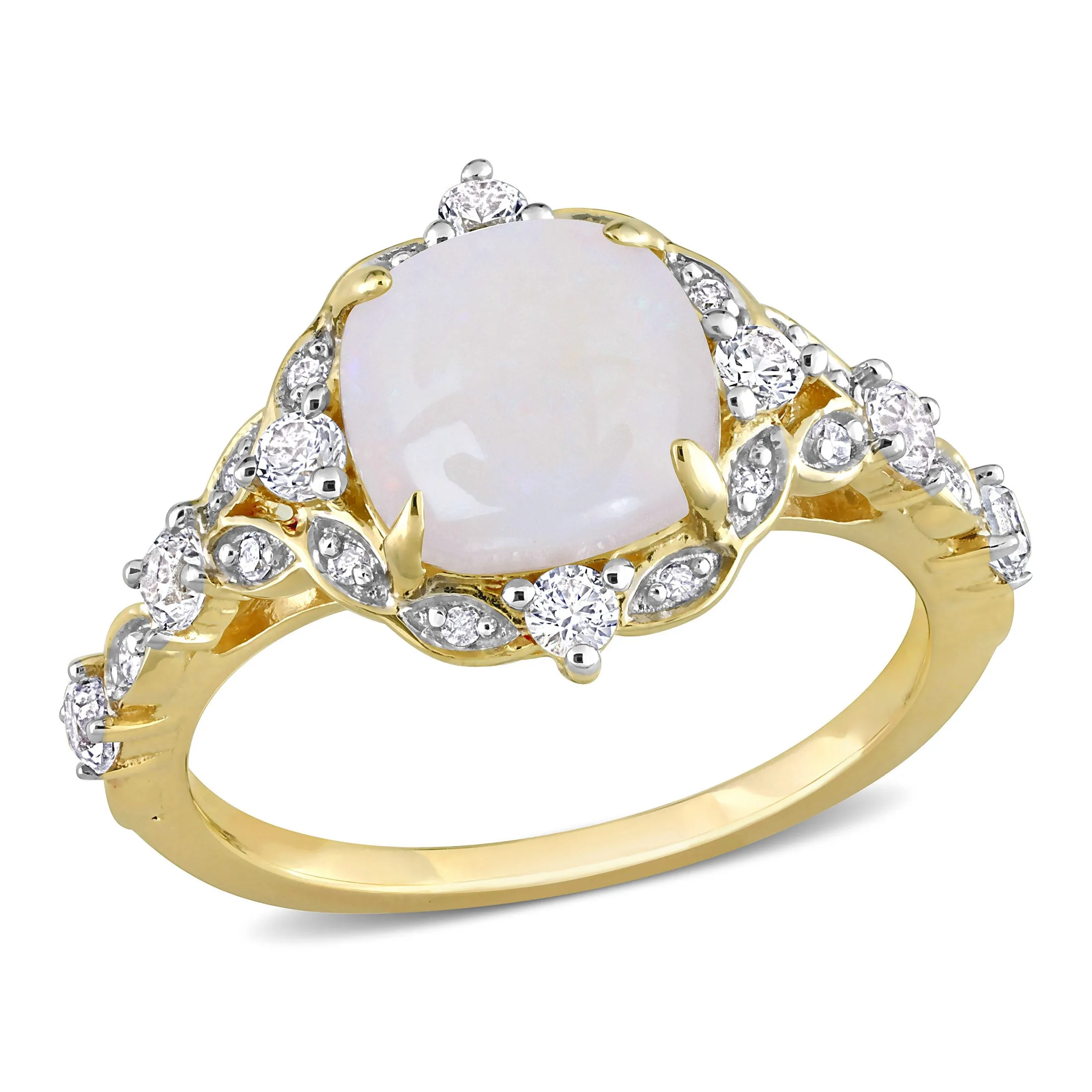 1 4/5 CT TGW Cushion Cut Opal and Diamond Accent Halo Vintage Design Ring in 10K Yellow Gold