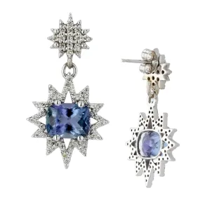 14k White Gold start natural tanzanite with diamonds snap dangling earrings