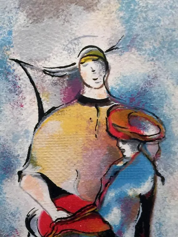 Abstract Signed Lithograph of Seated Women