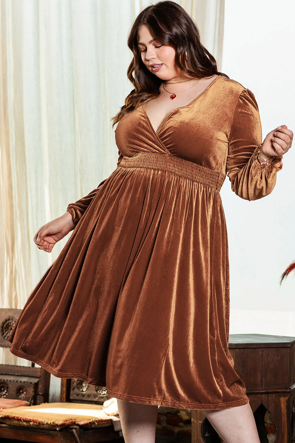 Balloon Sleeve Velvet Plus Size Dress