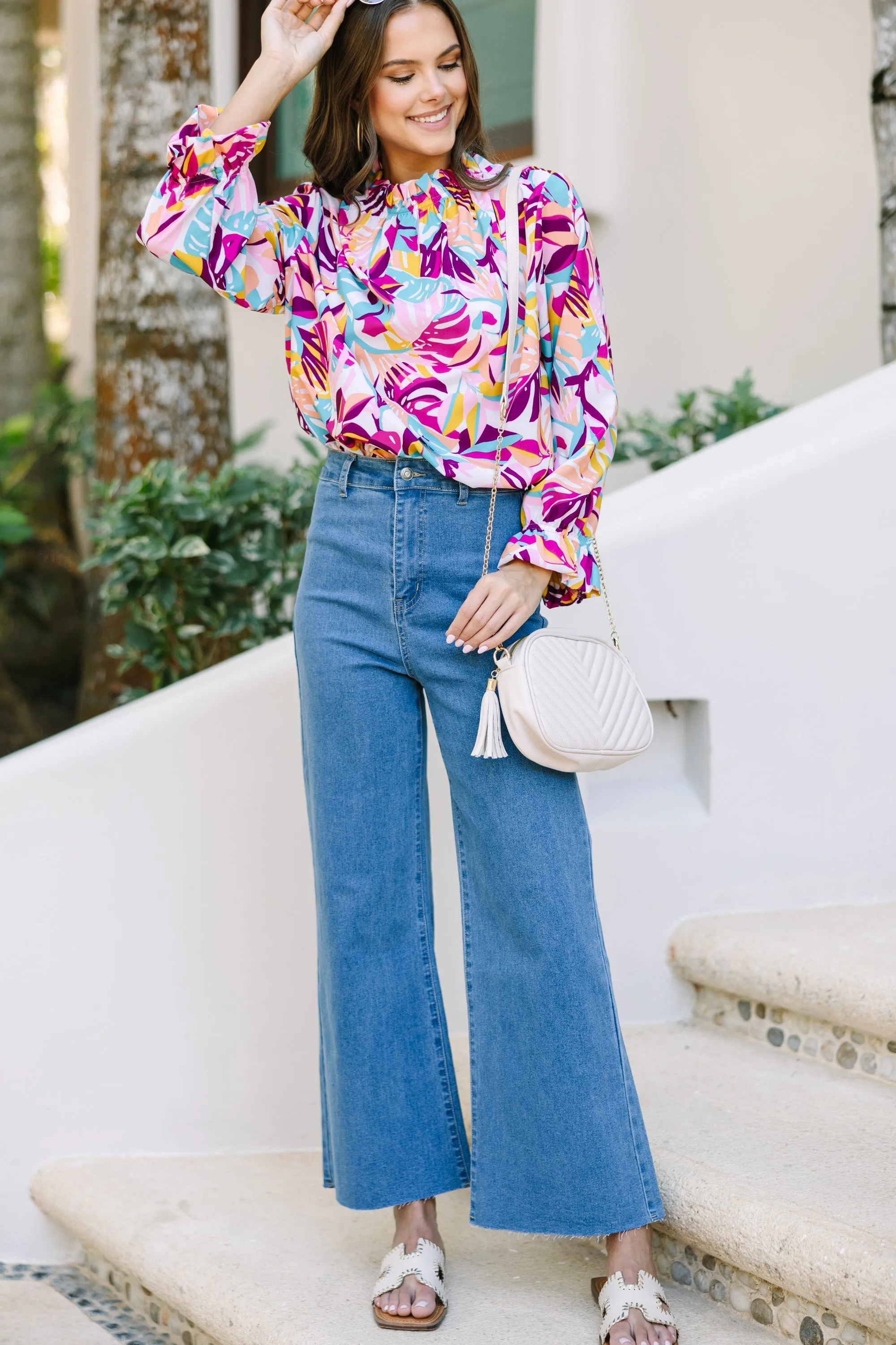 Be True To You Fuchsia Pink Tropical Floral Blouse