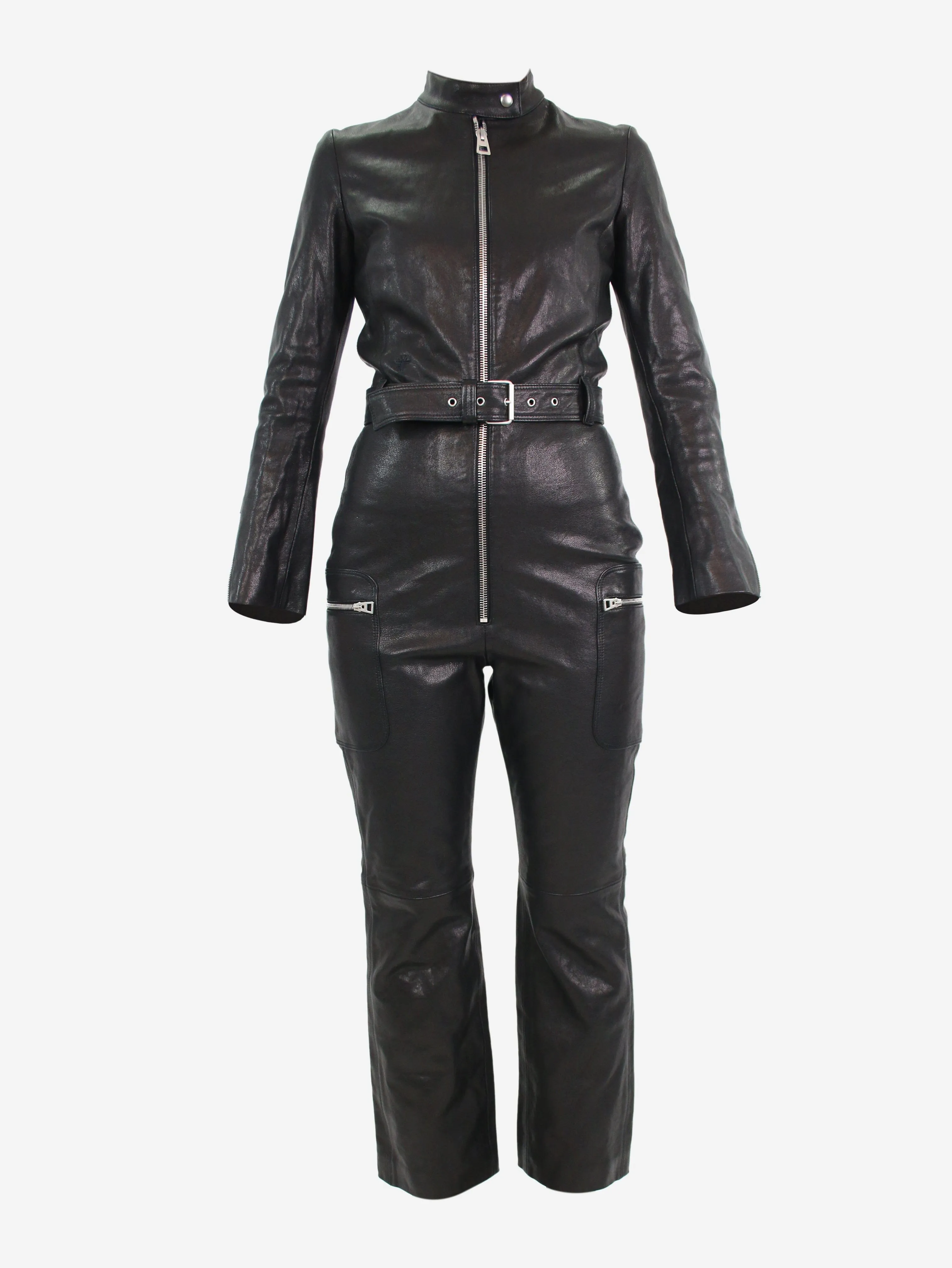 Black leather belted jumpsuit - size UK 8