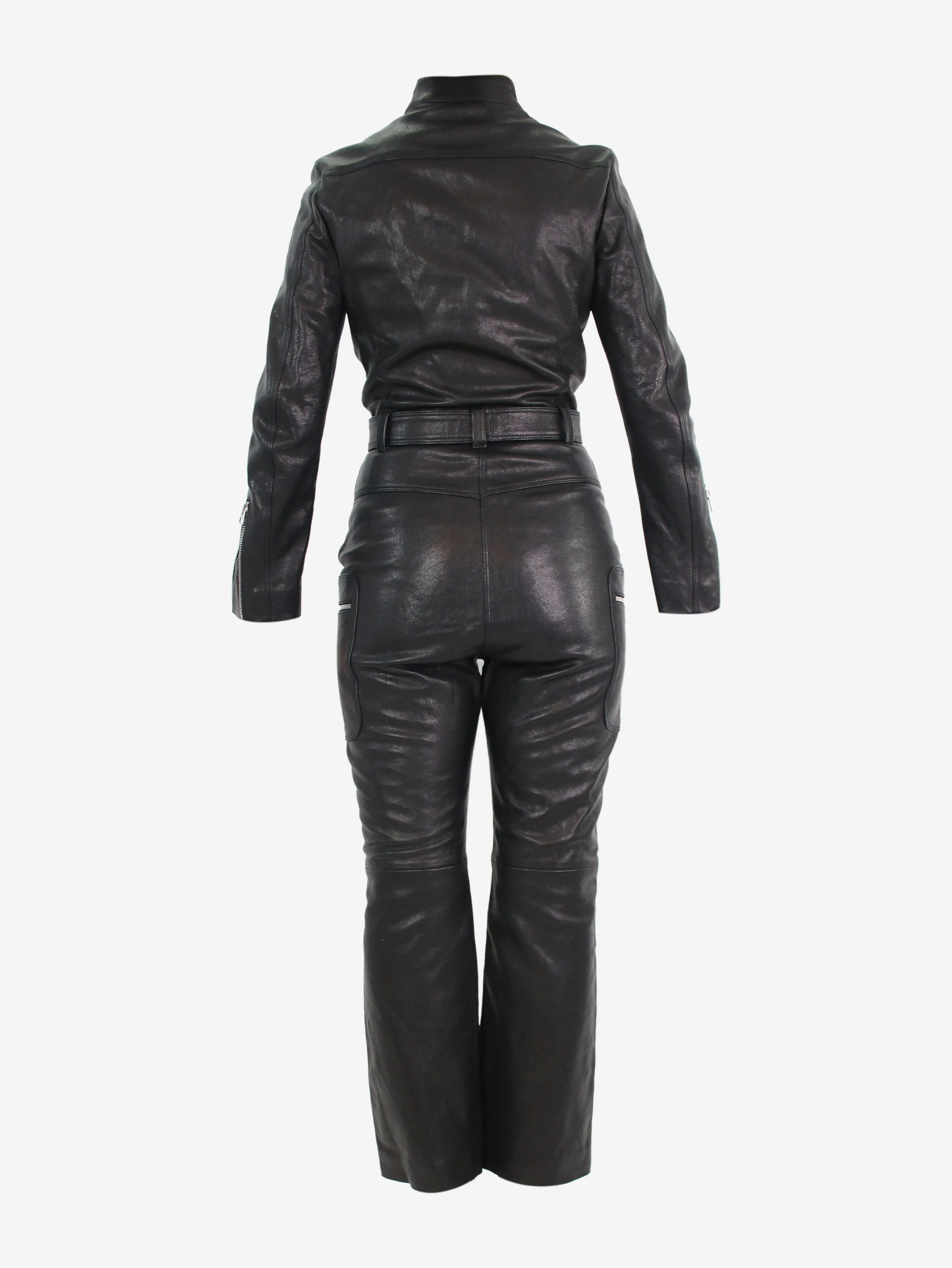 Black leather belted jumpsuit - size UK 8