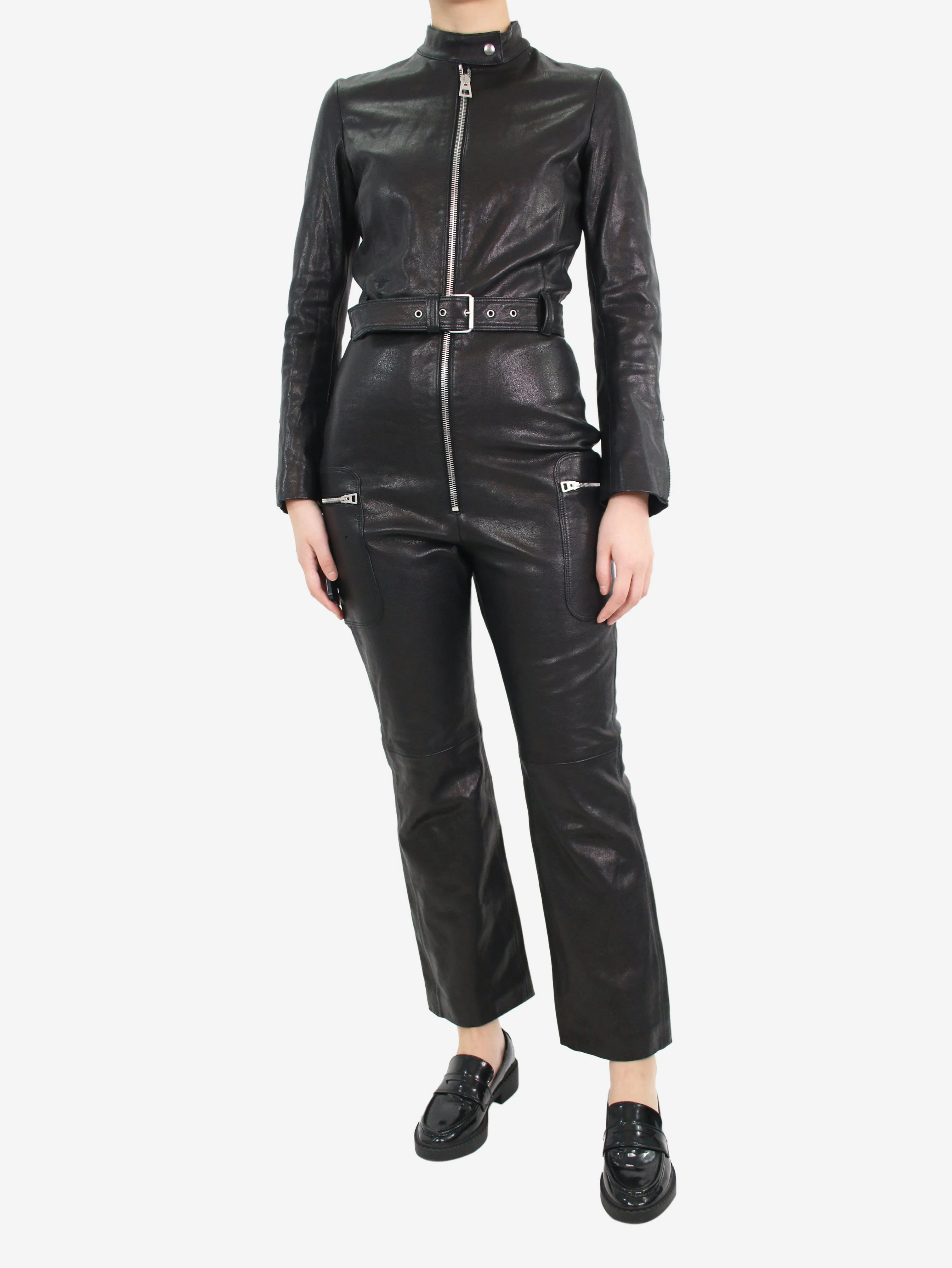 Black leather belted jumpsuit - size UK 8