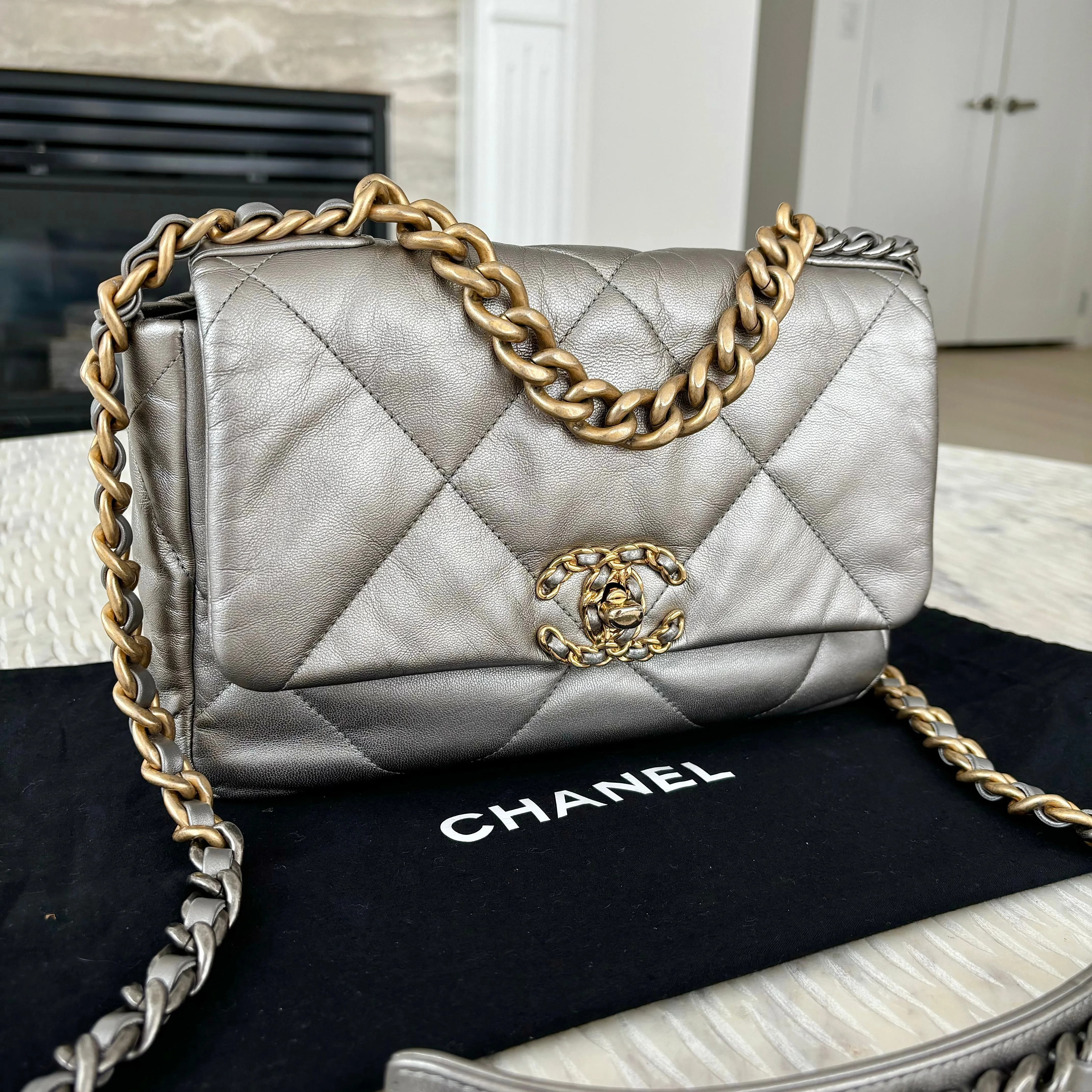 Chanel 19 Bag Small Metallic Grey Silver