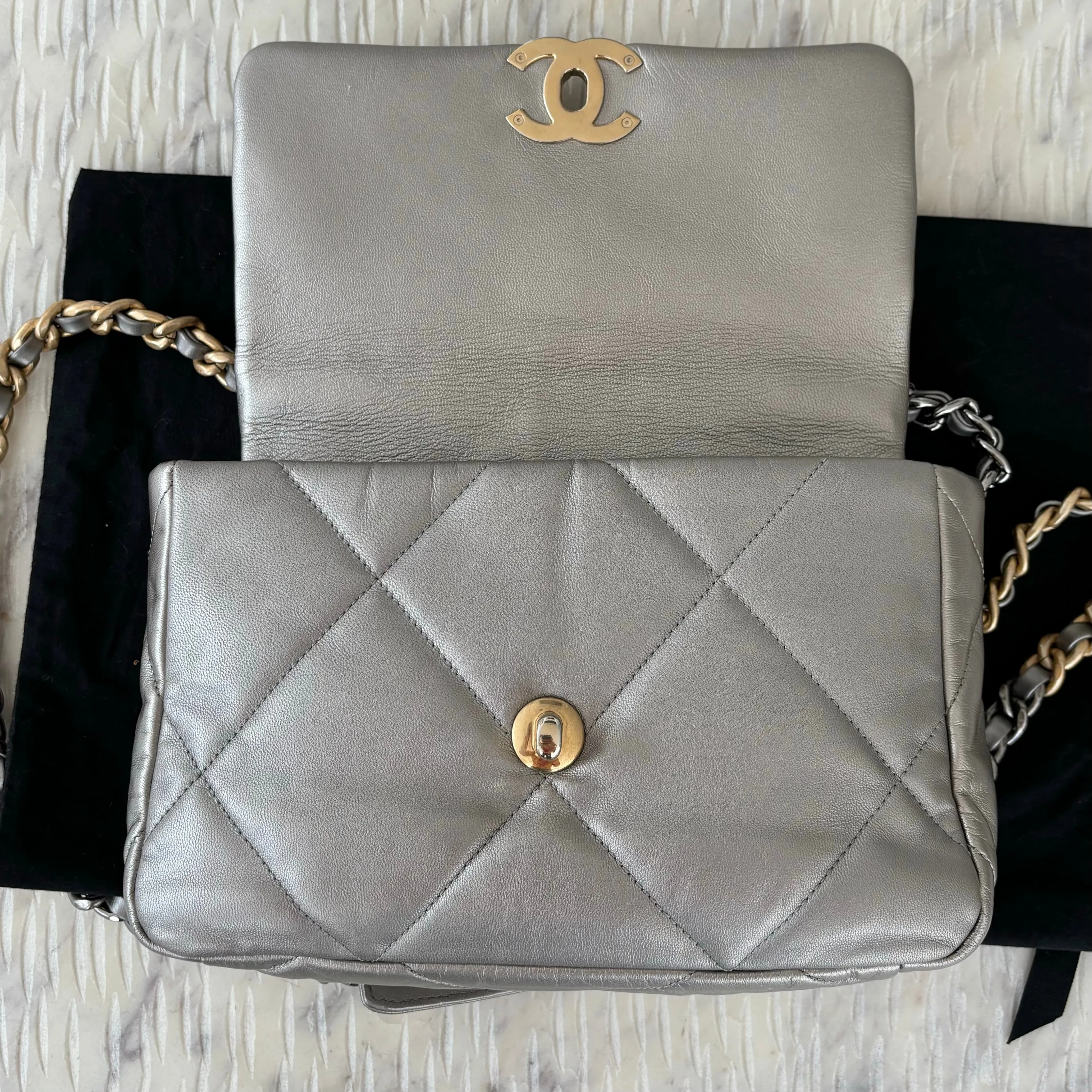 Chanel 19 Bag Small Metallic Grey Silver