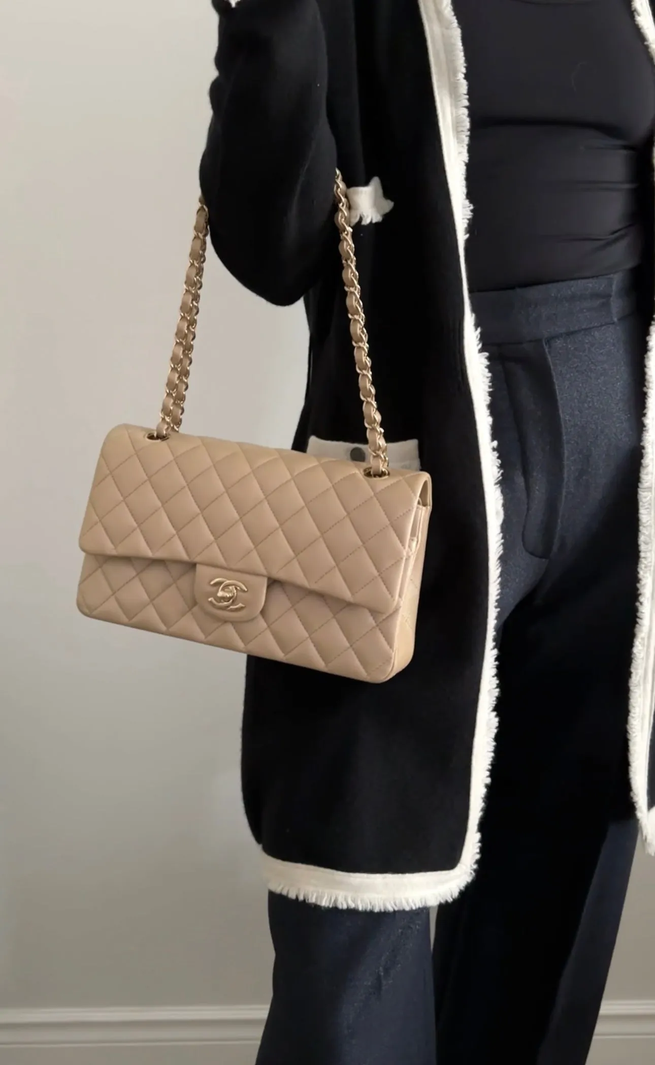 Chanel 21S Beige Iridescent Classic Medium Double Flap Caviar GHW