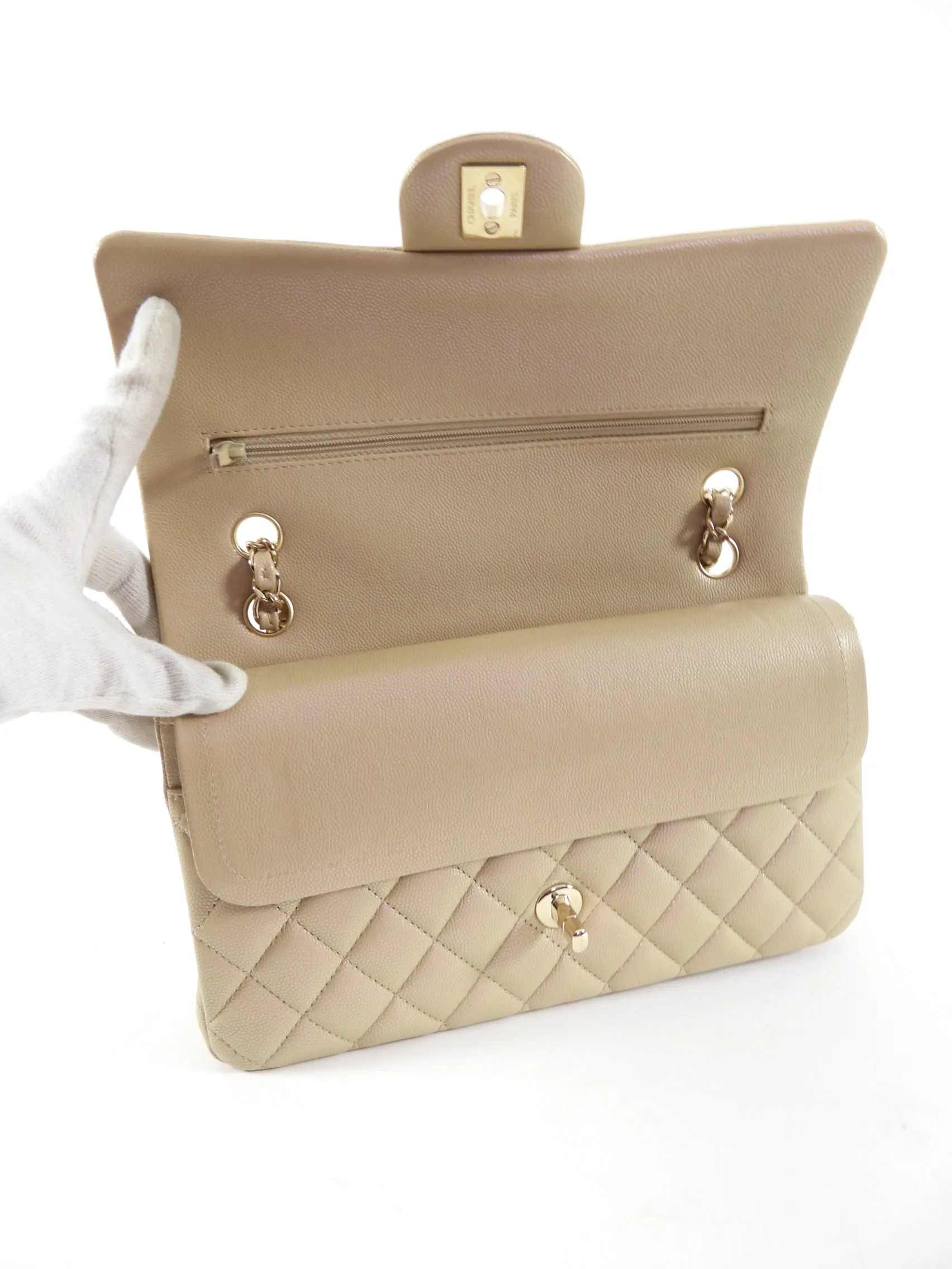 Chanel 21S Beige Iridescent Classic Medium Double Flap Caviar GHW