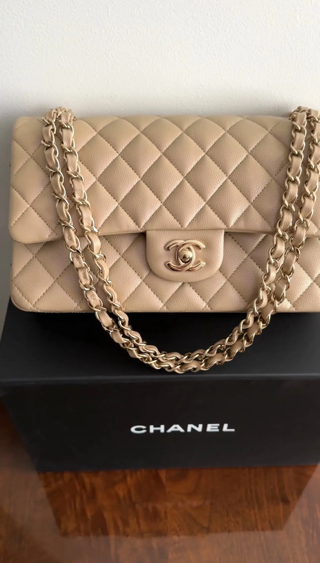 Chanel 21S Beige Iridescent Classic Medium Double Flap Caviar GHW