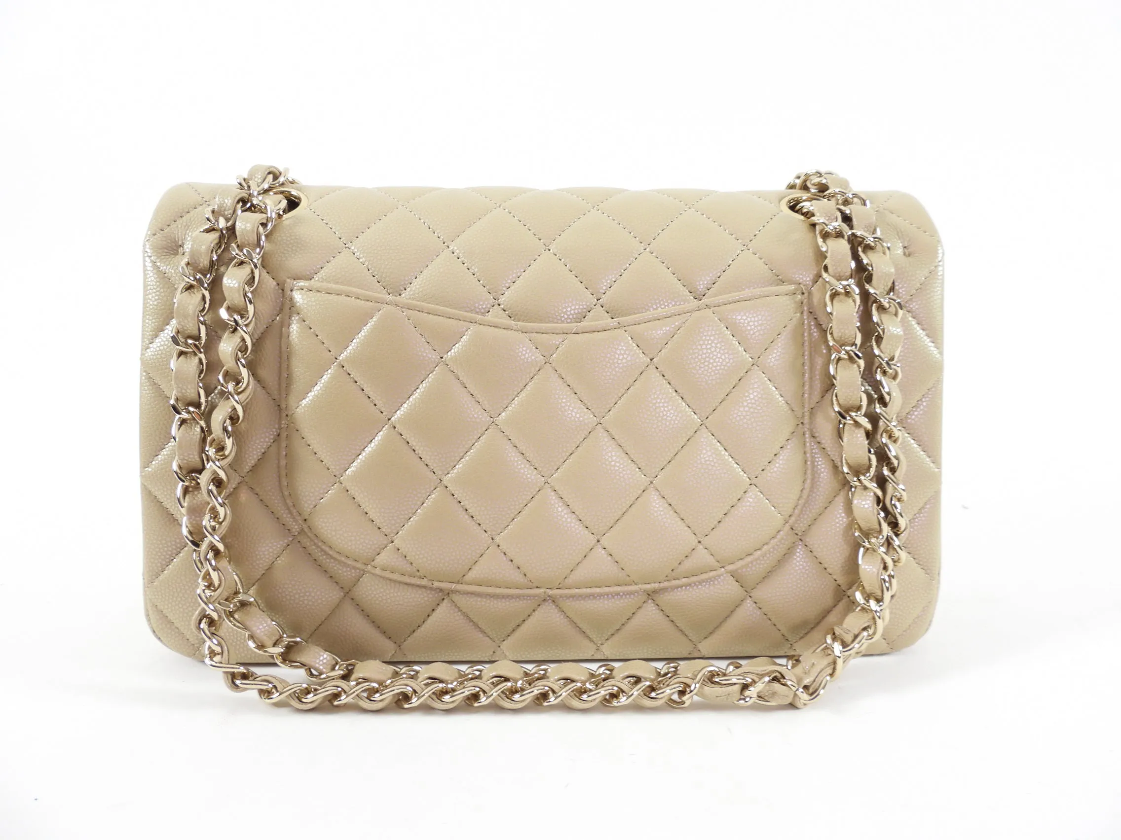 Chanel 21S Beige Iridescent Classic Medium Double Flap Caviar GHW