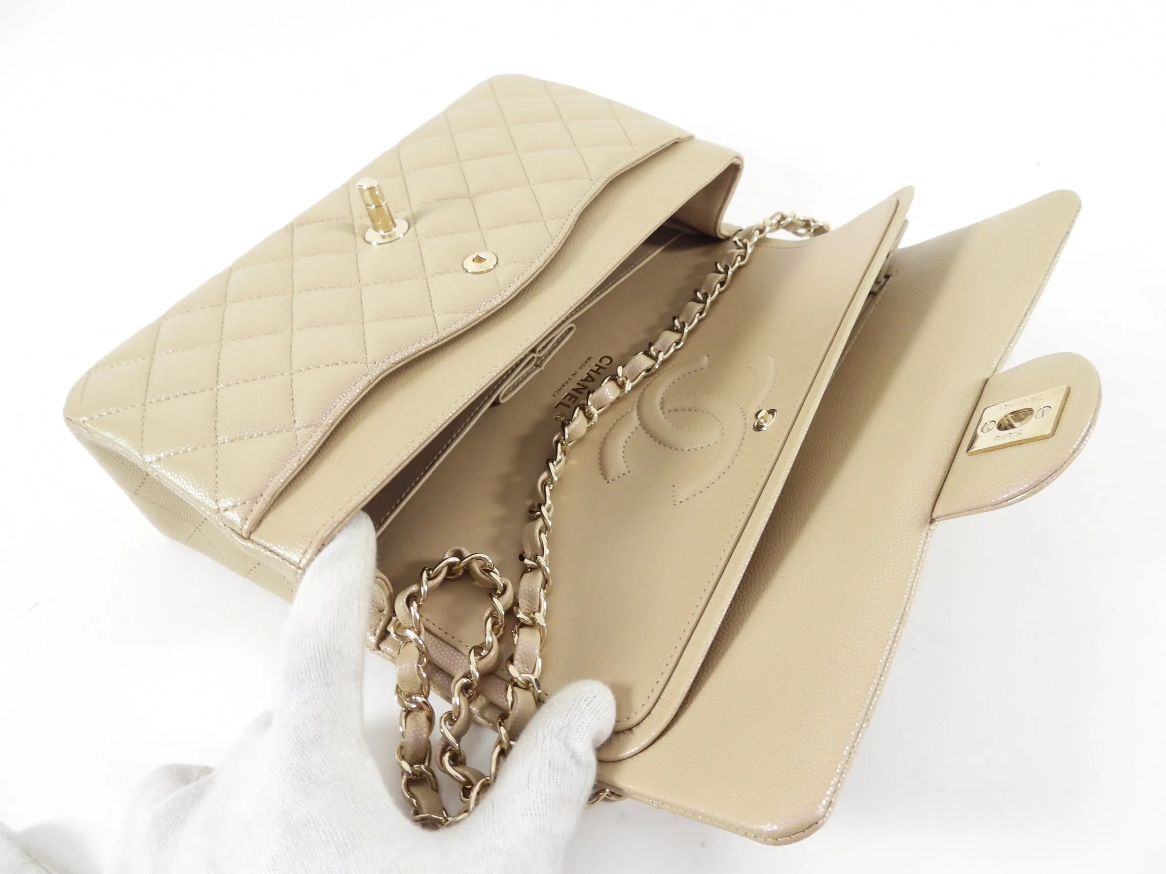 Chanel 21S Beige Iridescent Classic Medium Double Flap Caviar GHW