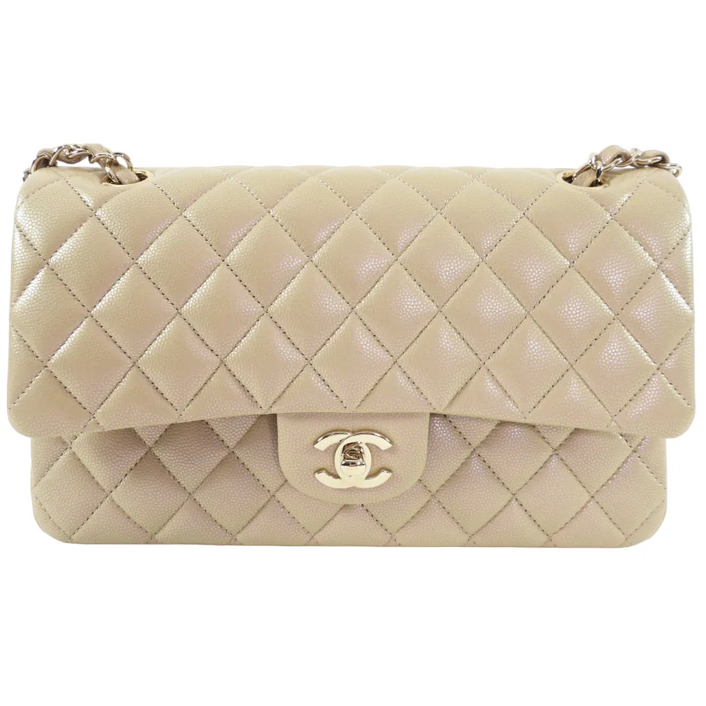 Chanel 21S Beige Iridescent Classic Medium Double Flap Caviar GHW