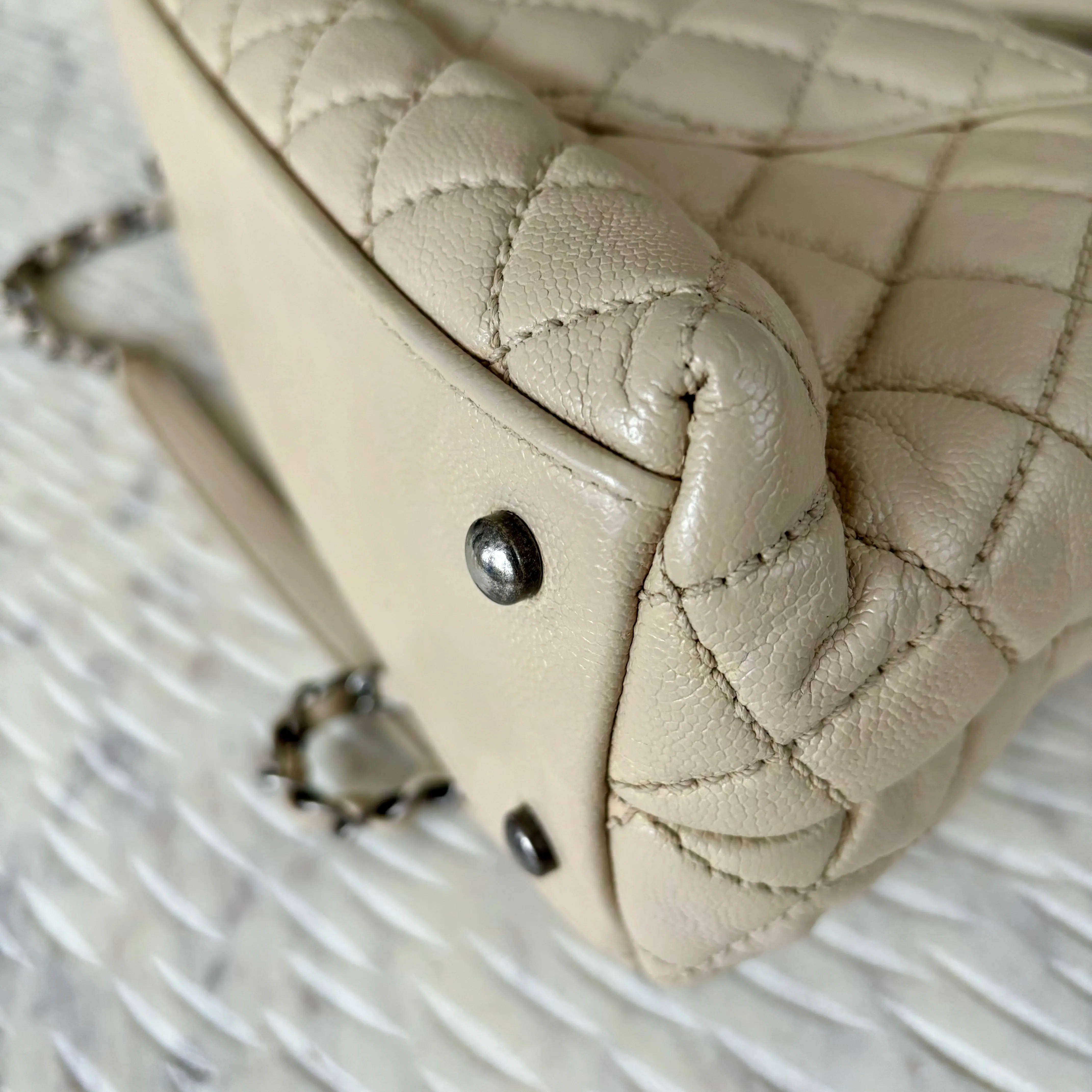 CHANEL Caviar Quilted Medium Coco Handle Flap Light Beige