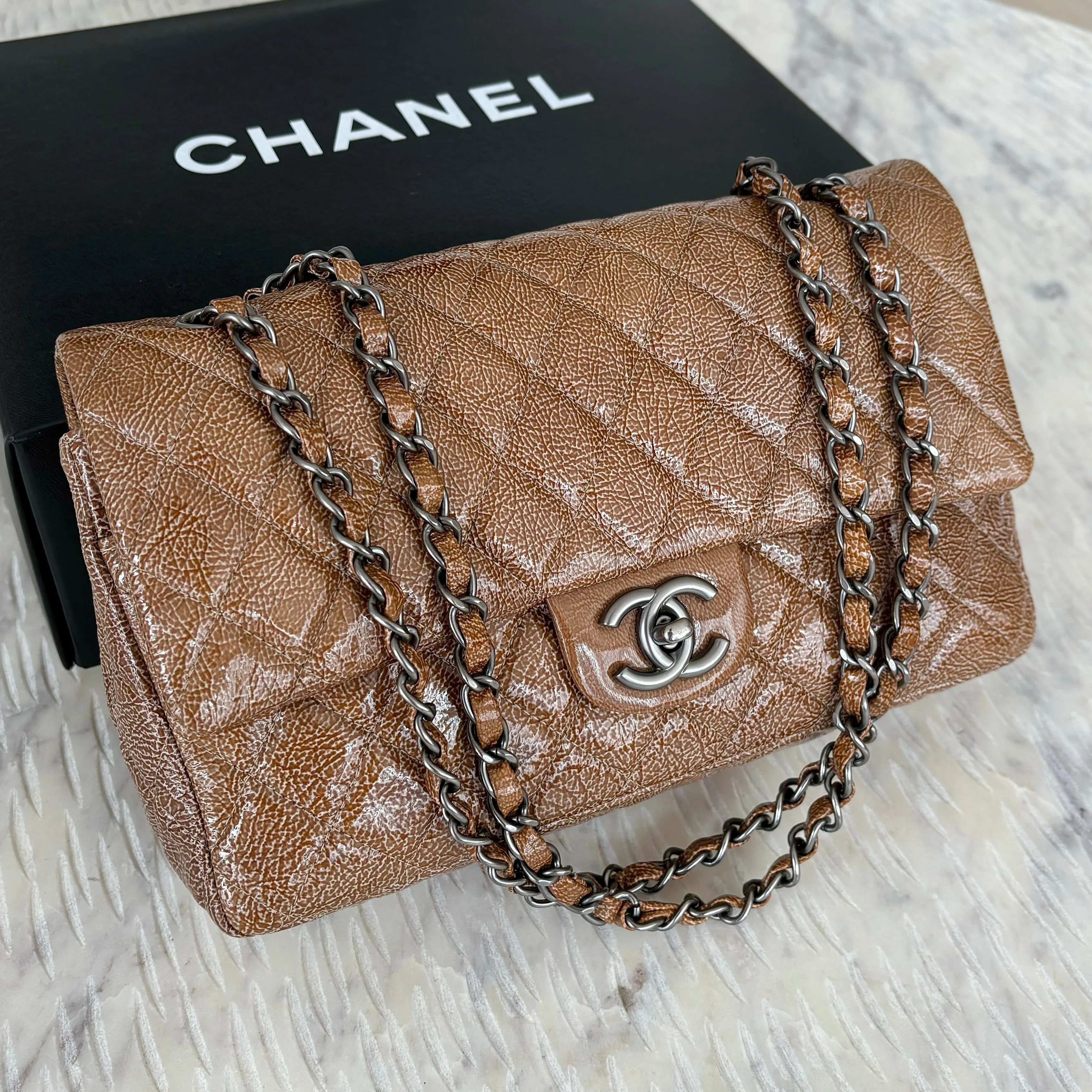 CHANEL Crinkled Patent Quilted Medium Double Classic Flap Brown