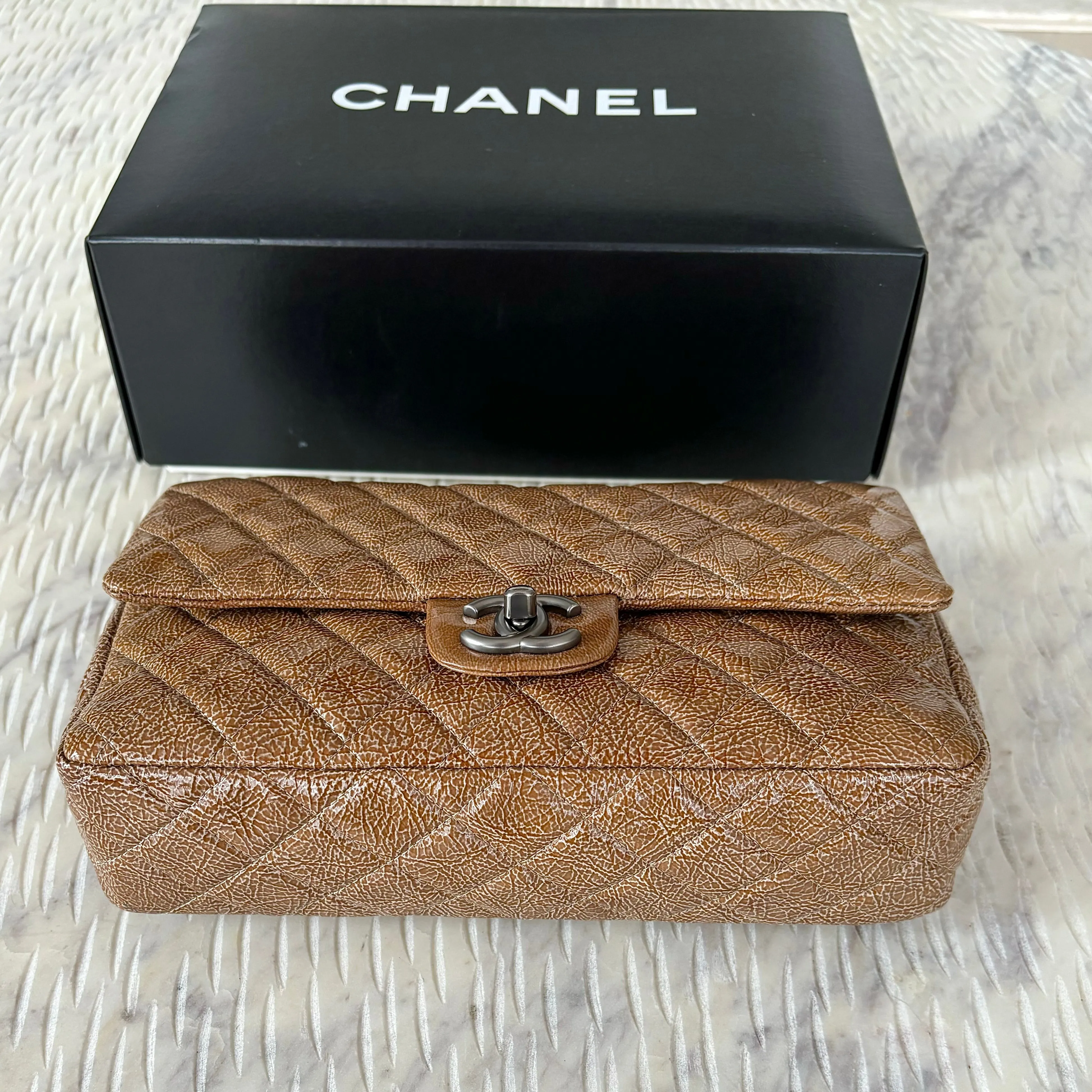 CHANEL Crinkled Patent Quilted Medium Double Classic Flap Brown