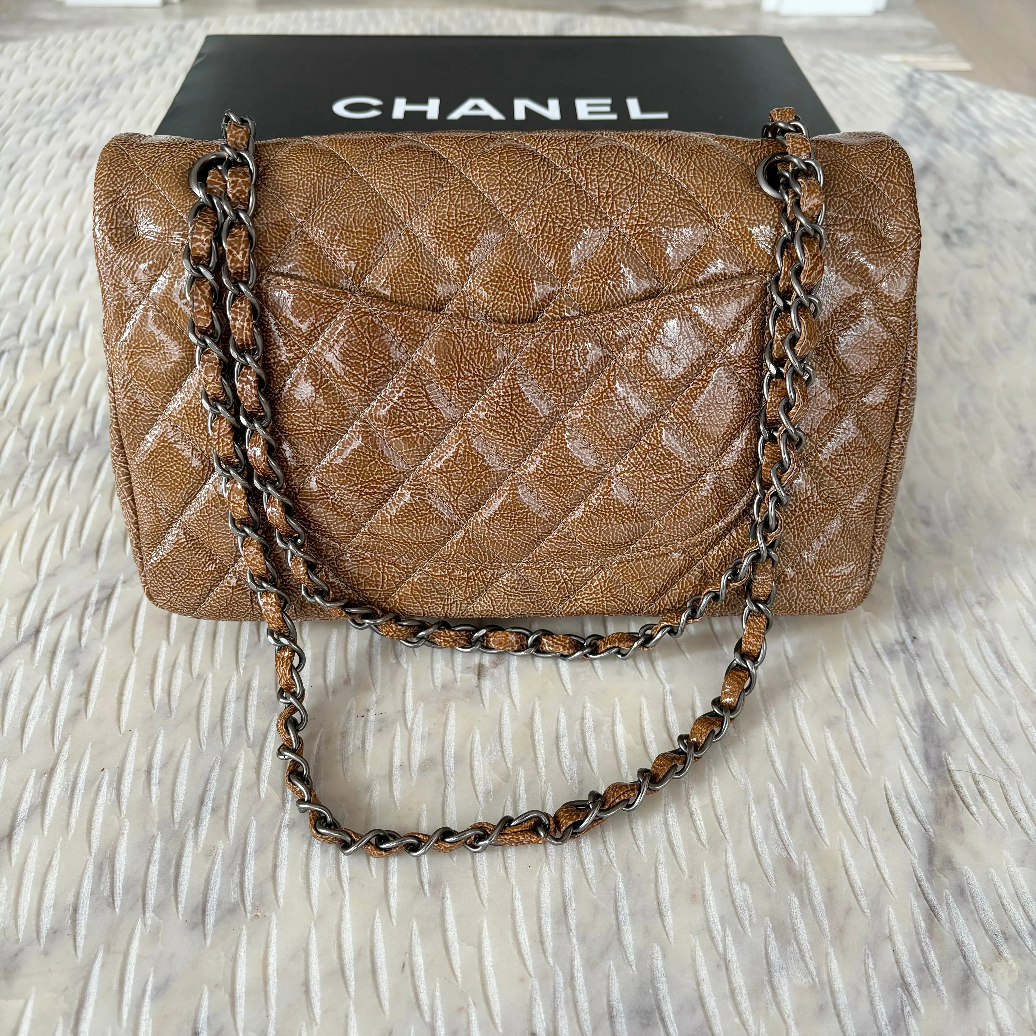 CHANEL Crinkled Patent Quilted Medium Double Classic Flap Brown