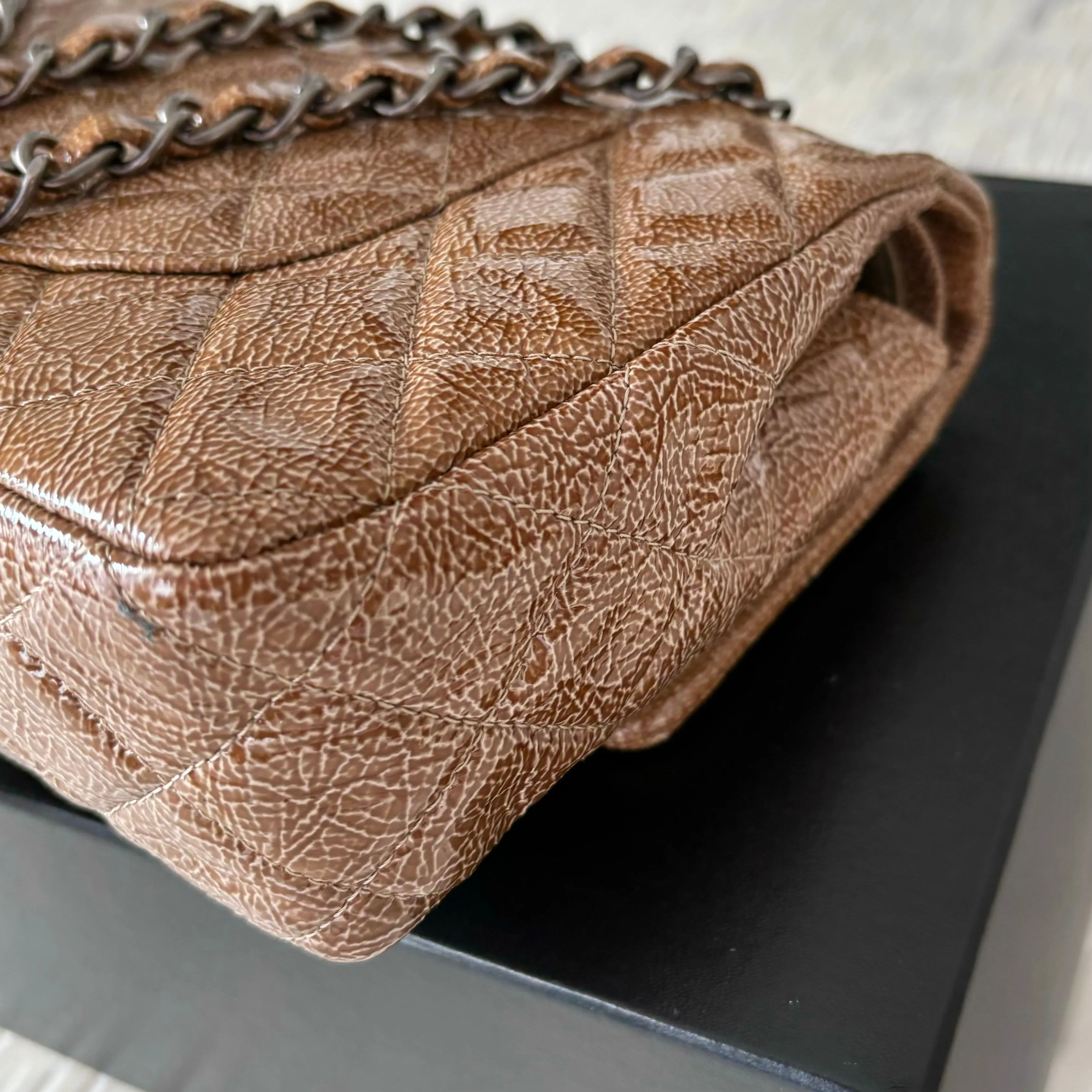 CHANEL Crinkled Patent Quilted Medium Double Classic Flap Brown