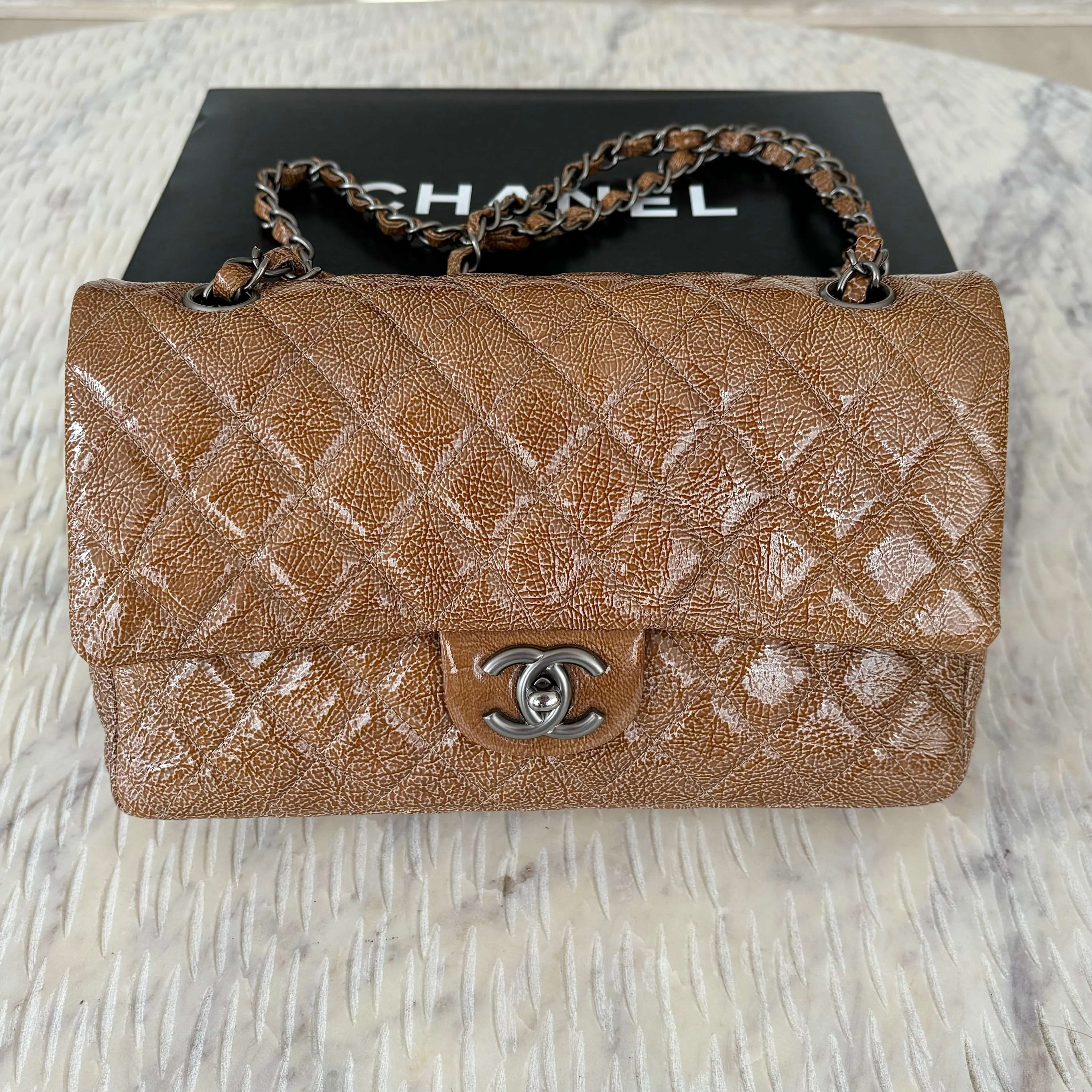 CHANEL Crinkled Patent Quilted Medium Double Classic Flap Brown