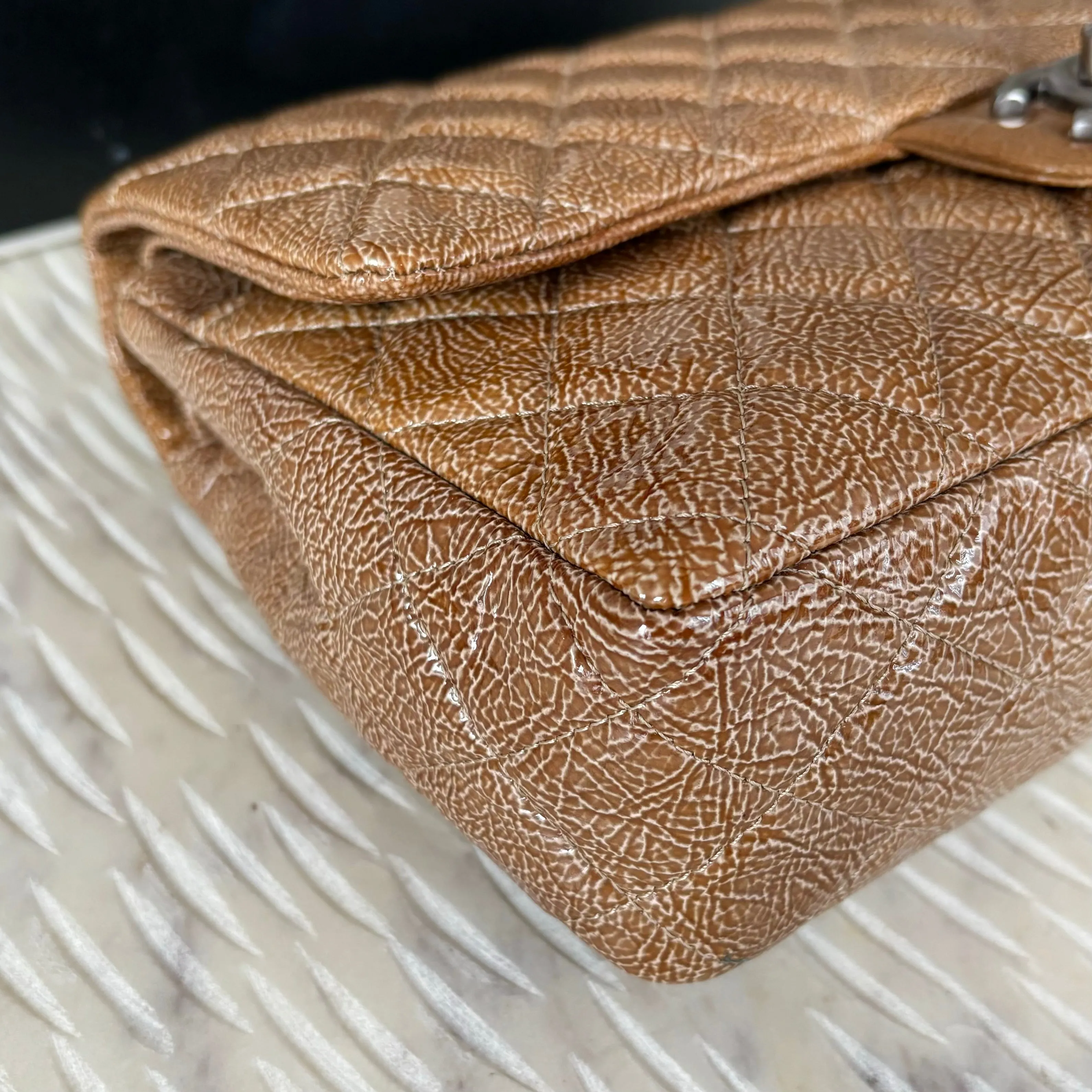 CHANEL Crinkled Patent Quilted Medium Double Classic Flap Brown