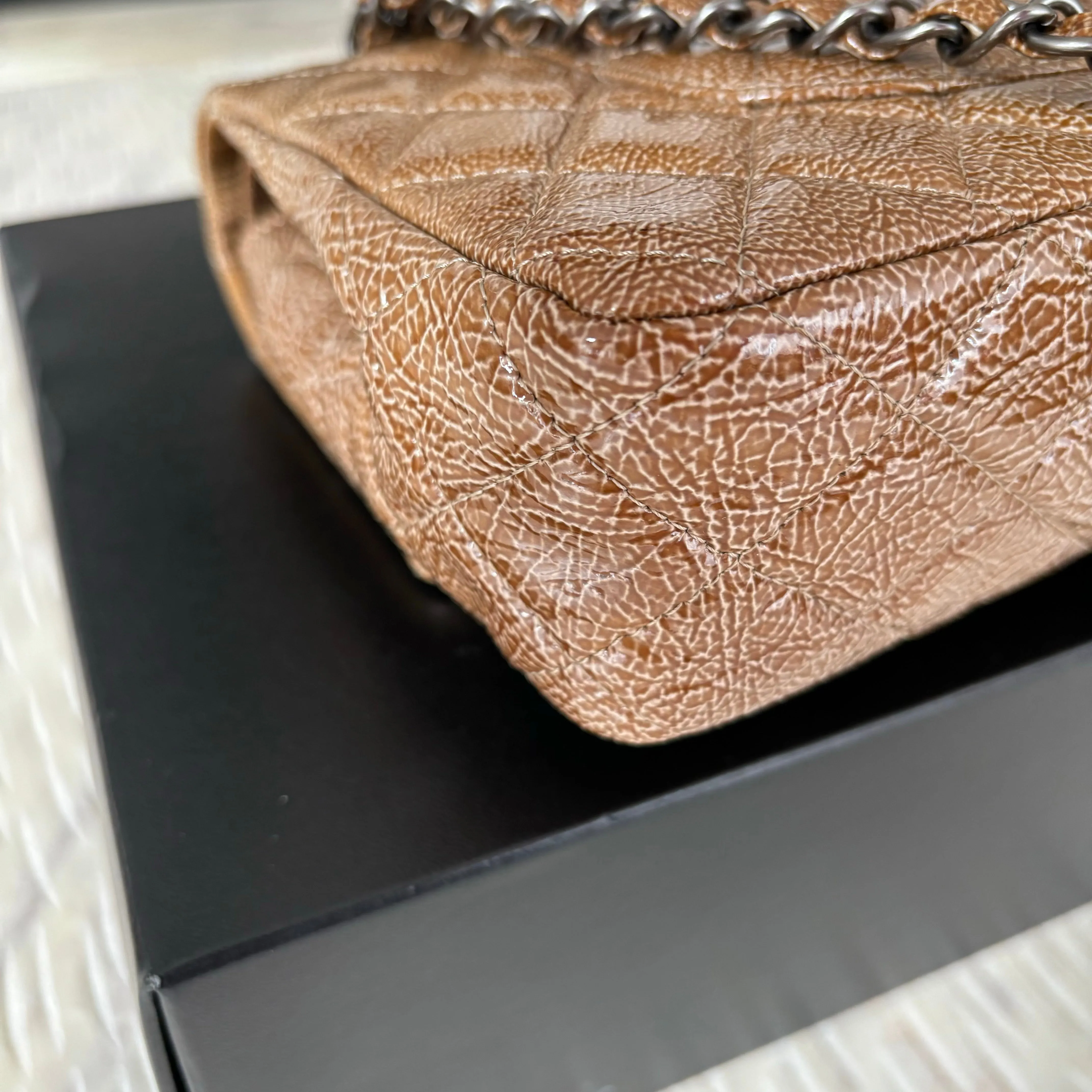 CHANEL Crinkled Patent Quilted Medium Double Classic Flap Brown