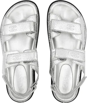 Chanel Metallic Silver Logo Dad Sandals