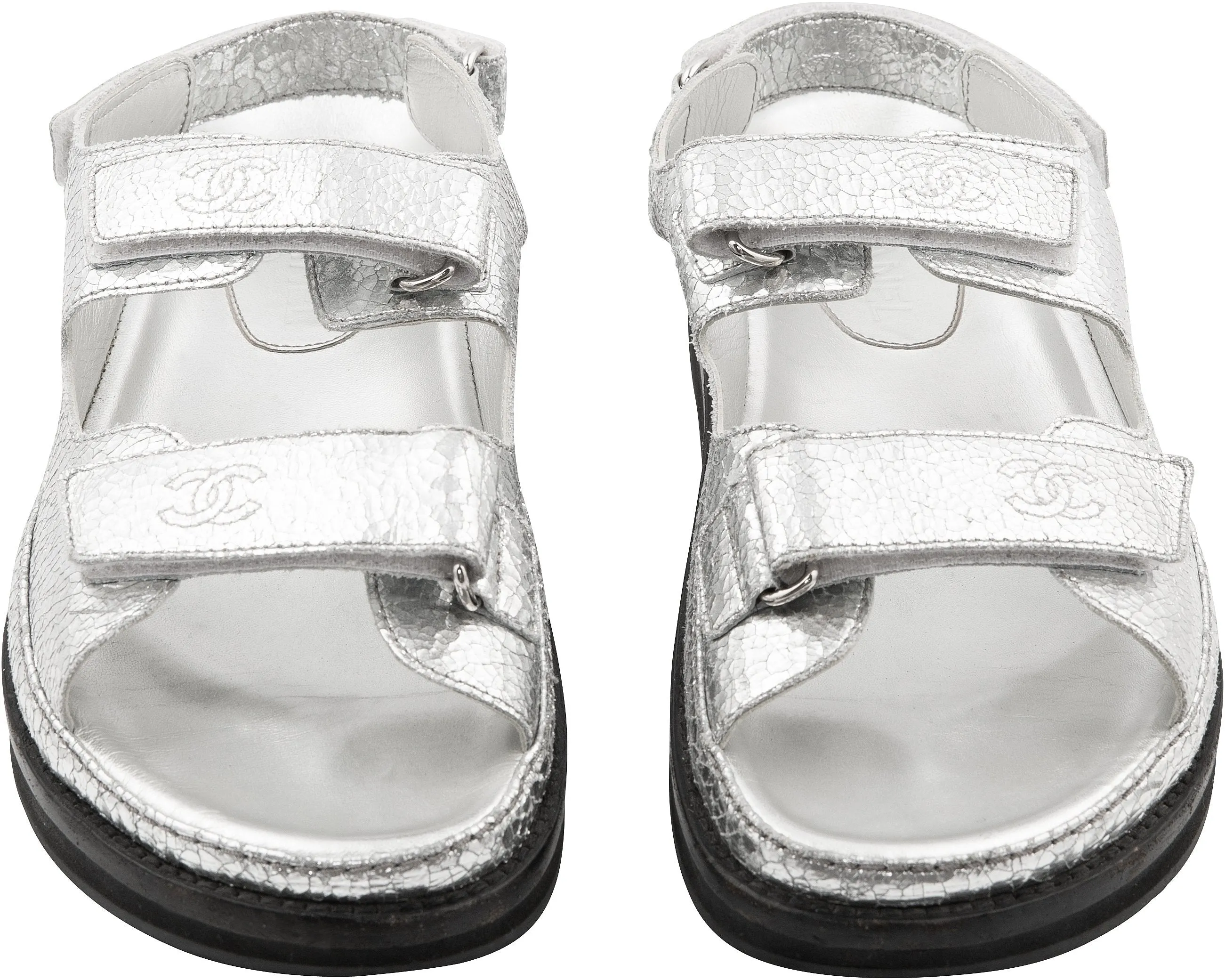 Chanel Metallic Silver Logo Dad Sandals