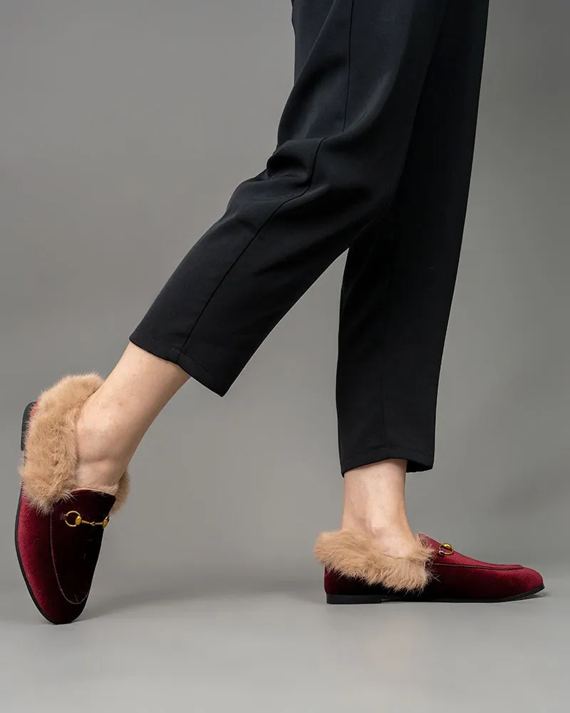 Classic Horsebit Velvet Fur Flat Loafers