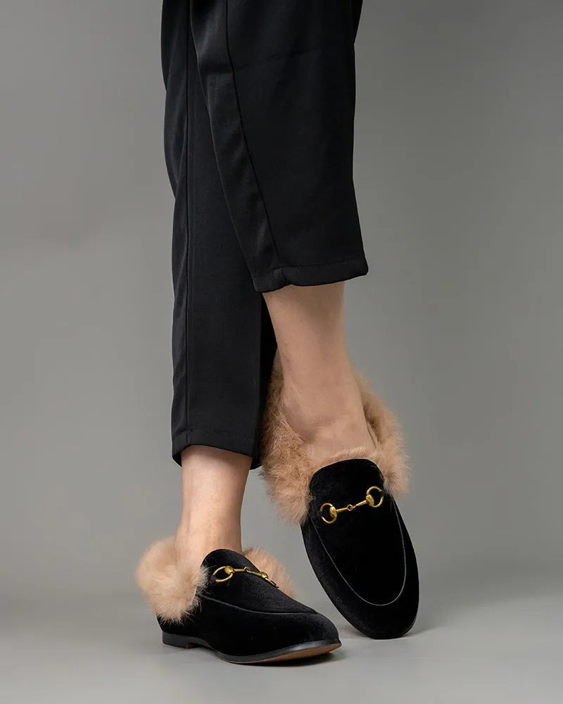 Classic Horsebit Velvet Fur Flat Loafers