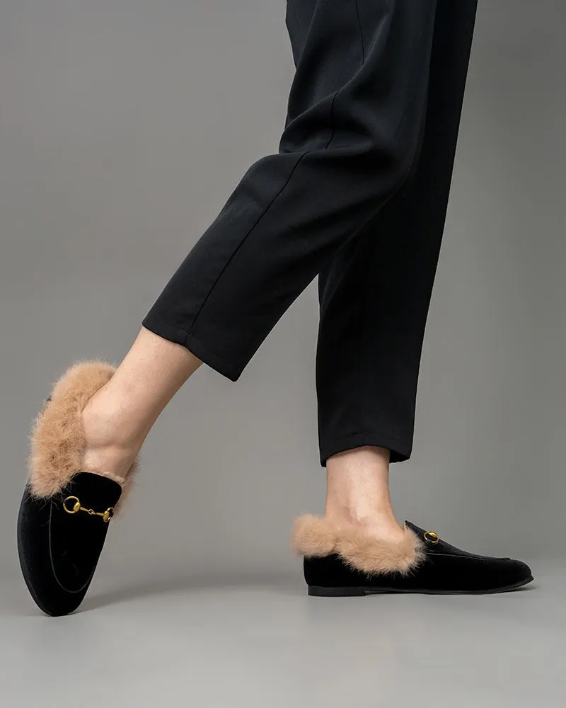 Classic Horsebit Velvet Fur Flat Loafers