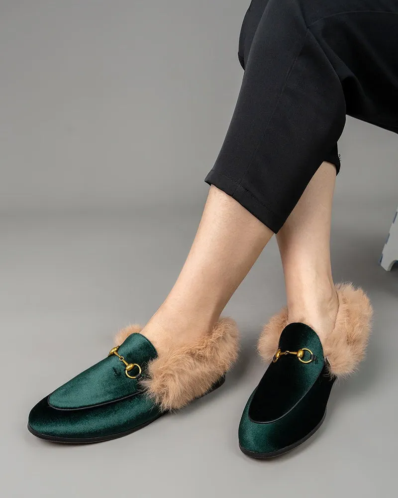 Classic Horsebit Velvet Fur Flat Loafers