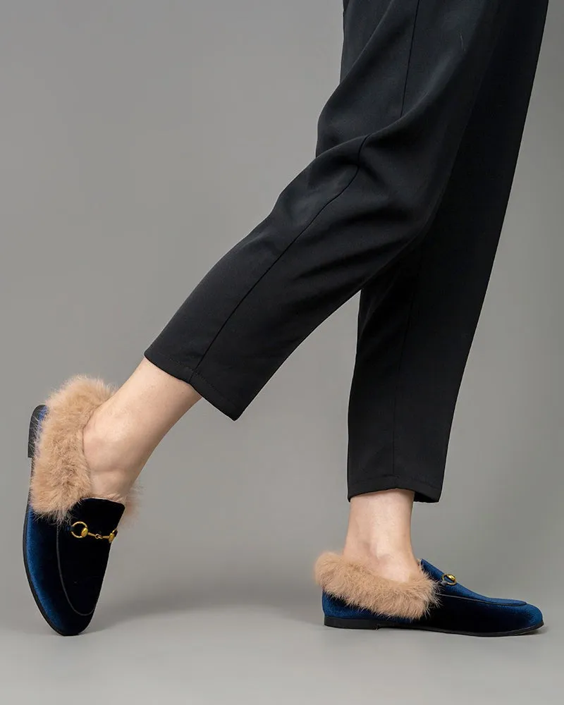 Classic Horsebit Velvet Fur Flat Loafers