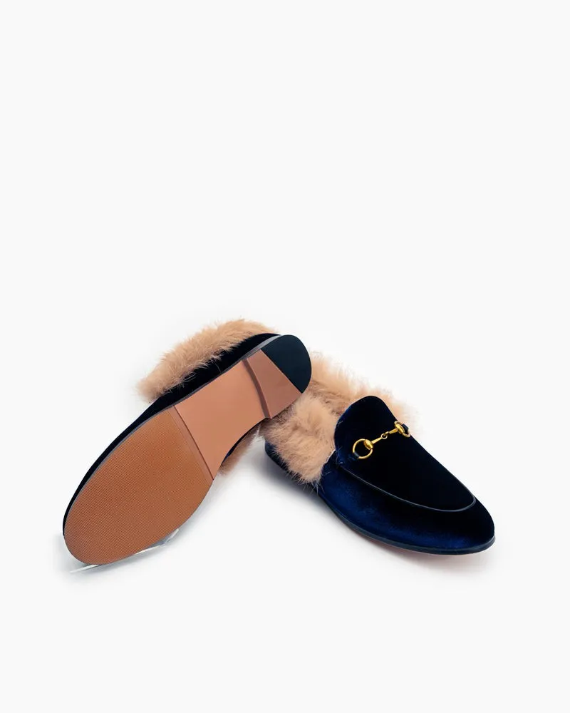 Classic Horsebit Velvet Fur Flat Loafers