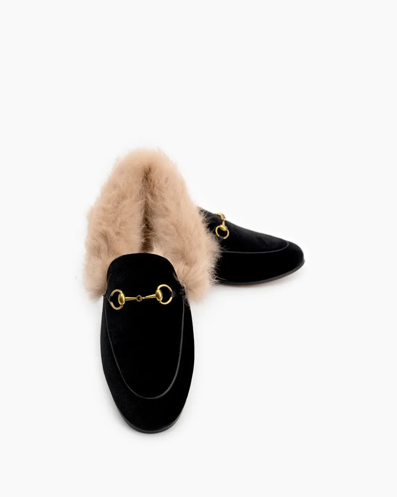 Classic Horsebit Velvet Fur Flat Loafers