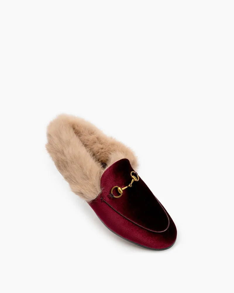 Classic Horsebit Velvet Fur Flat Loafers