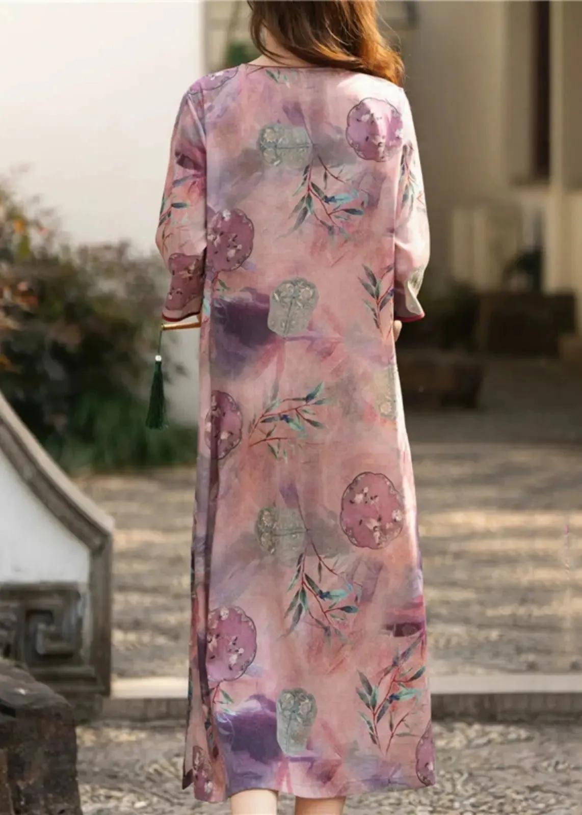 Elegant Purple Button Print Side Open Linen Dress Half Sleeve CG1005