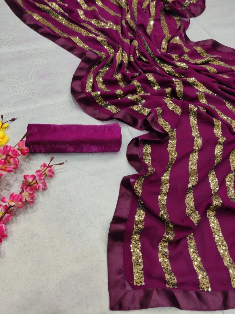 Elegant Purple Sequins Stripe Pure Georgette Trendy Saree