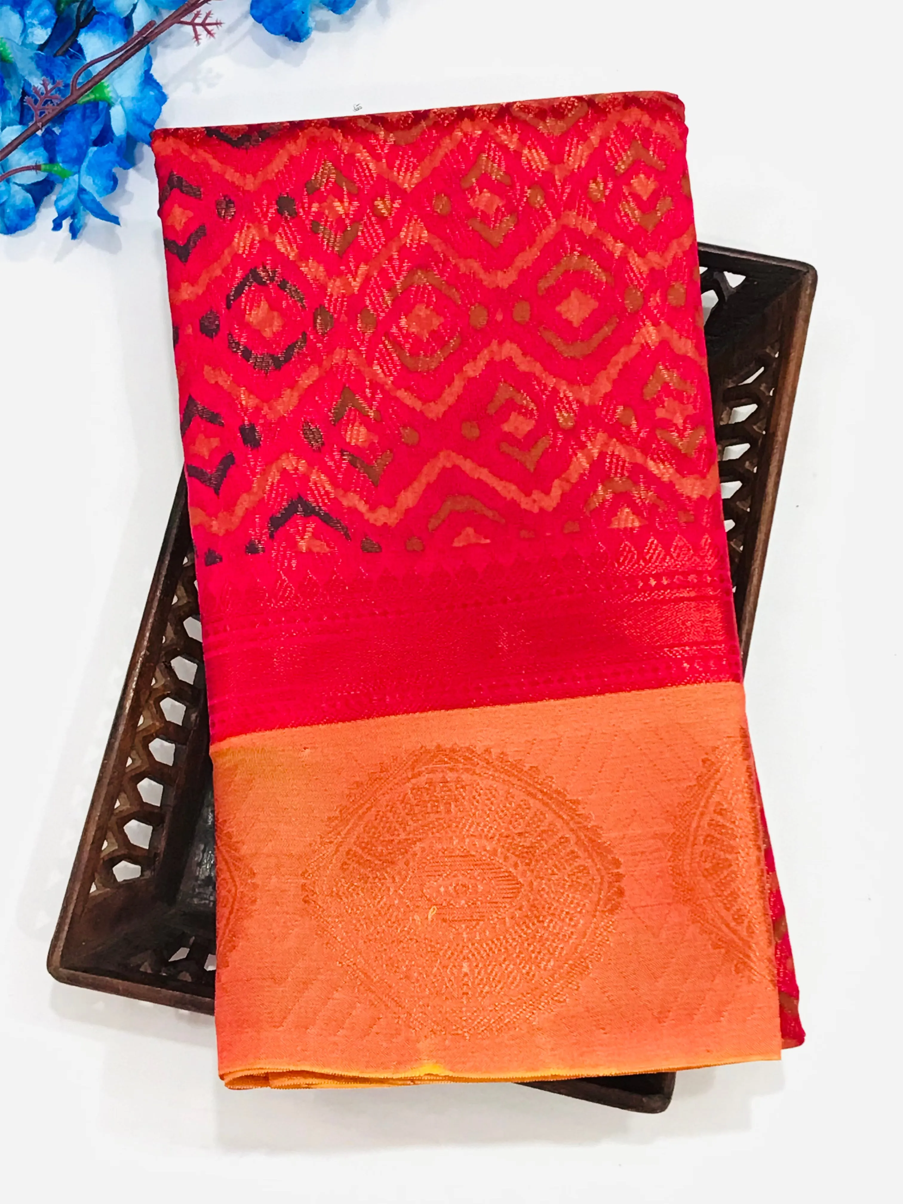 Elegant Red Color Designer Cotton Saree With Brocades And Contrast Border