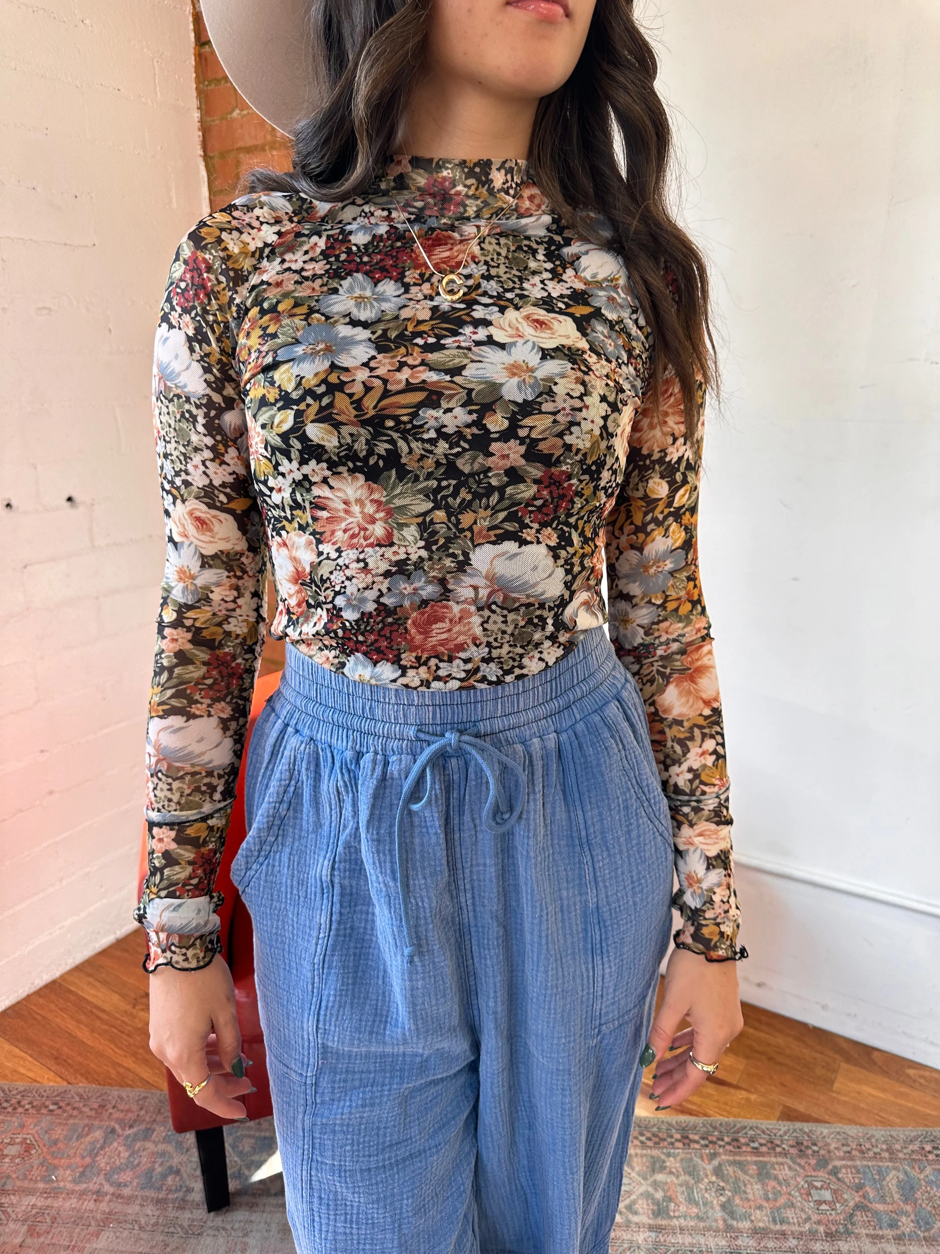 Floral Semi-Sheer Mesh Long Sleeve Knit Top