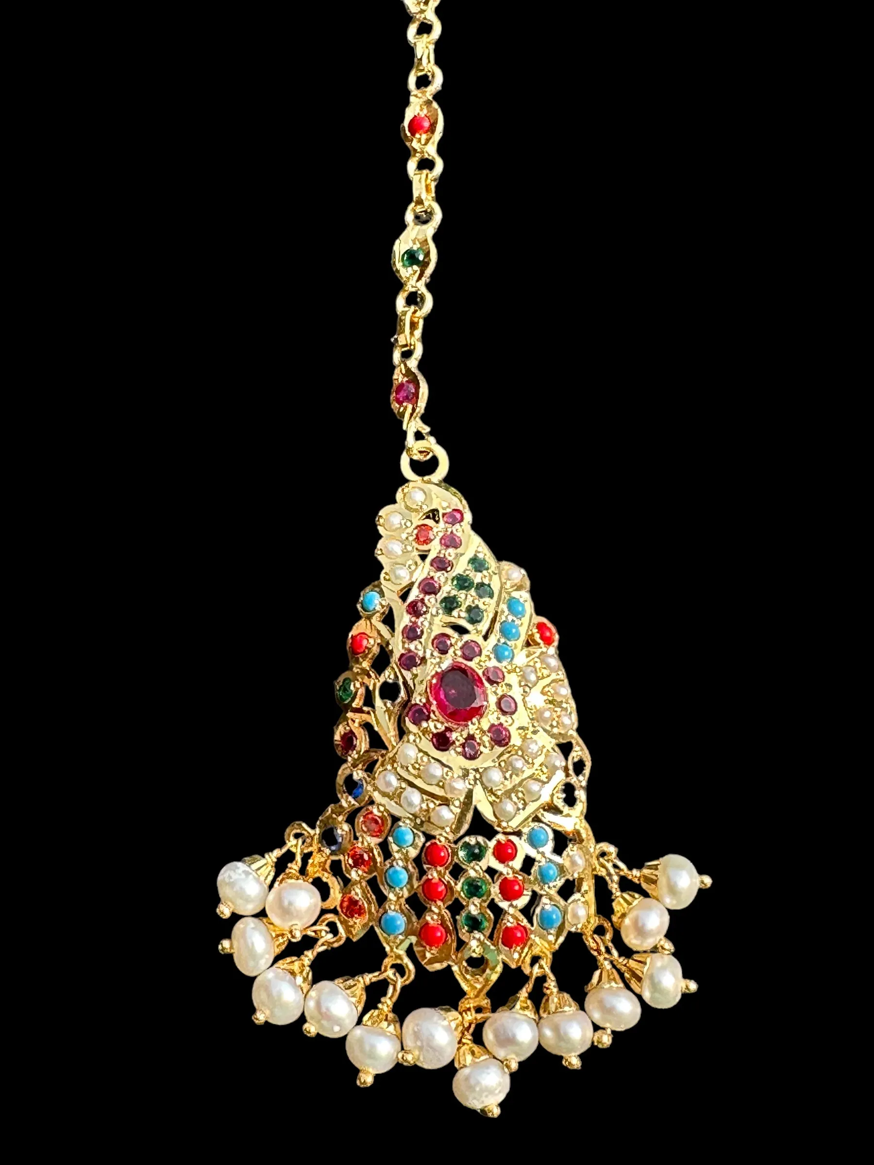 Gold plated silver tika in navratan ( READY TO SHIP )