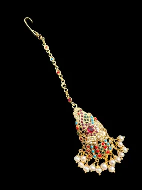 Gold plated silver tika in navratan ( READY TO SHIP )