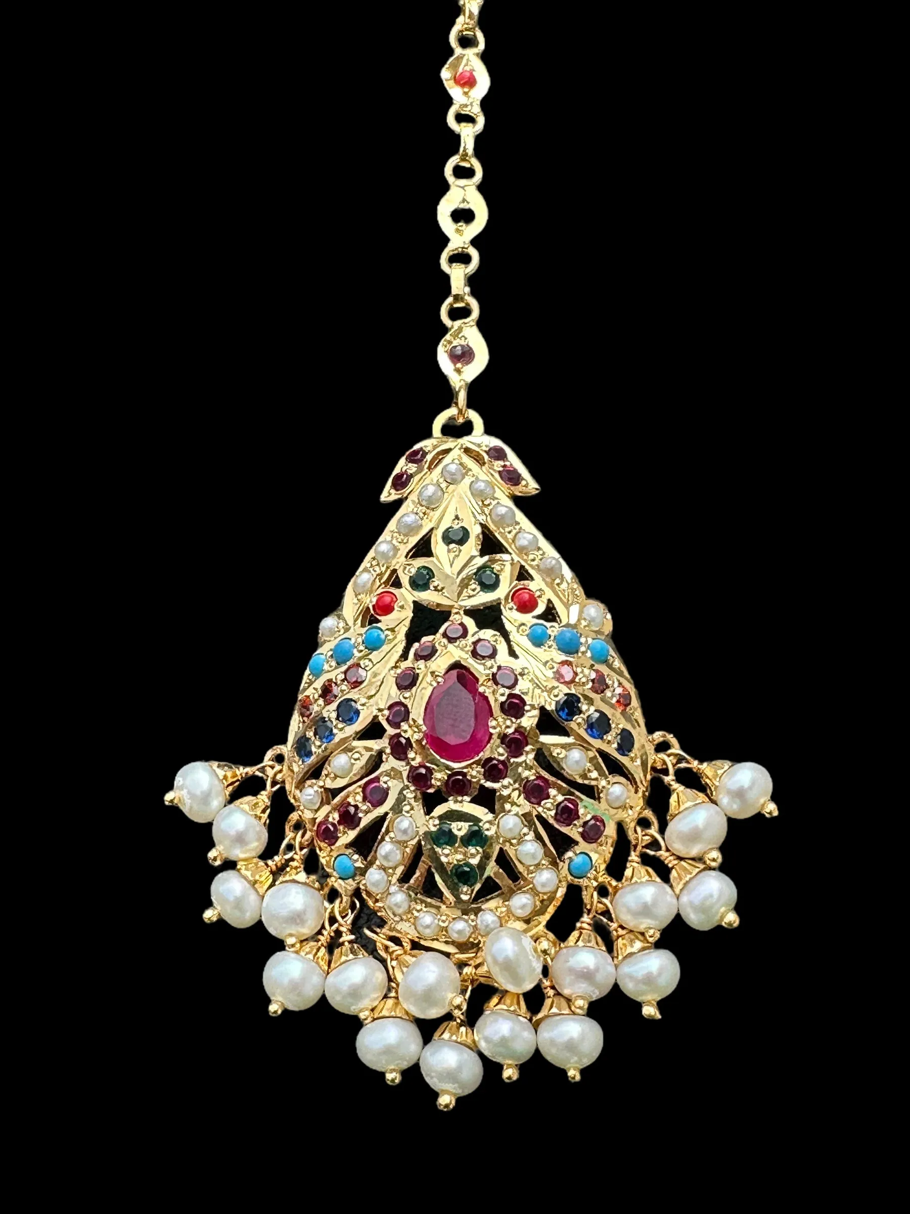 Gold plated silver tika in navratan ( READY TO SHIP )