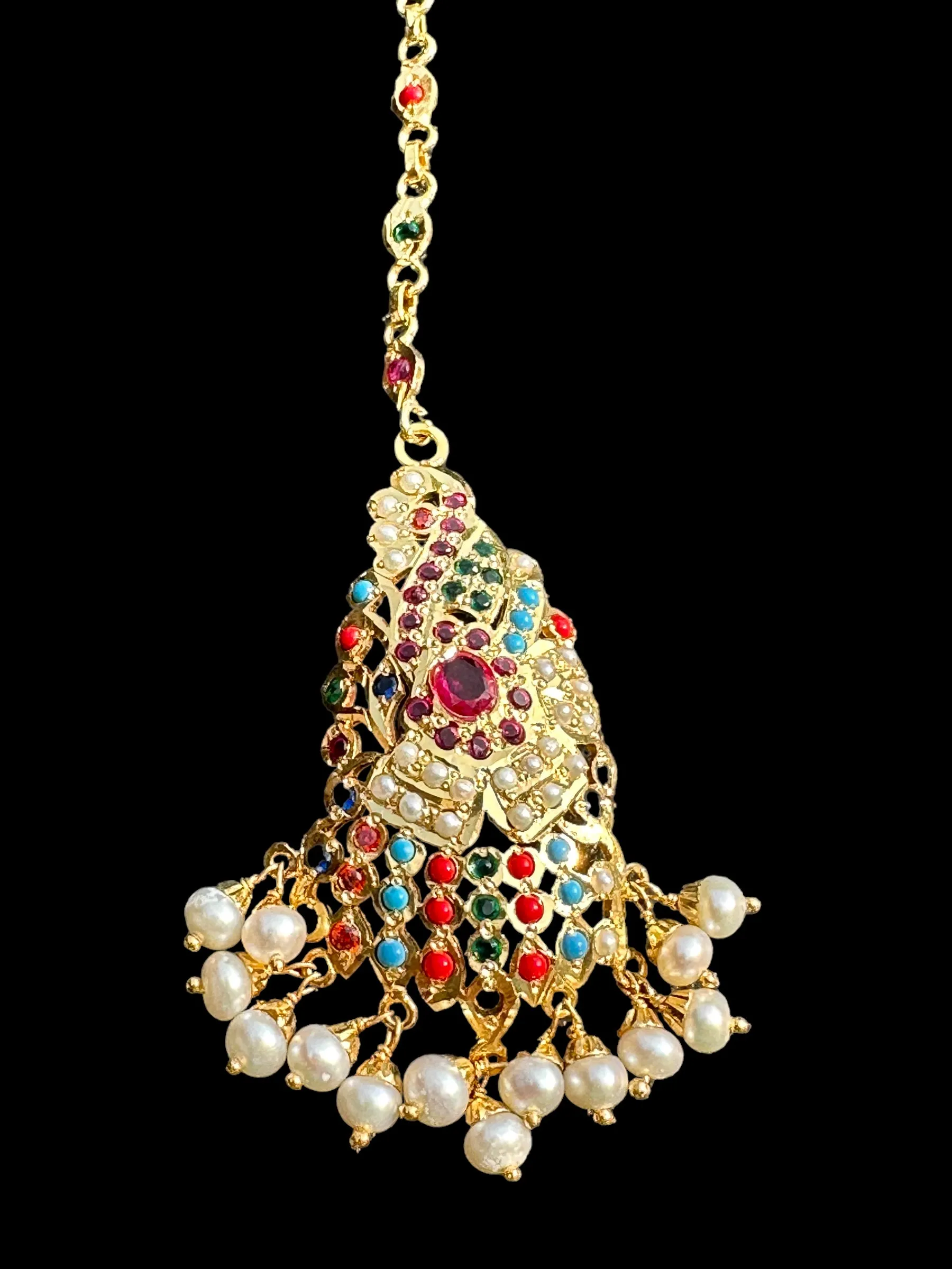 Gold plated silver tika in navratan ( READY TO SHIP )