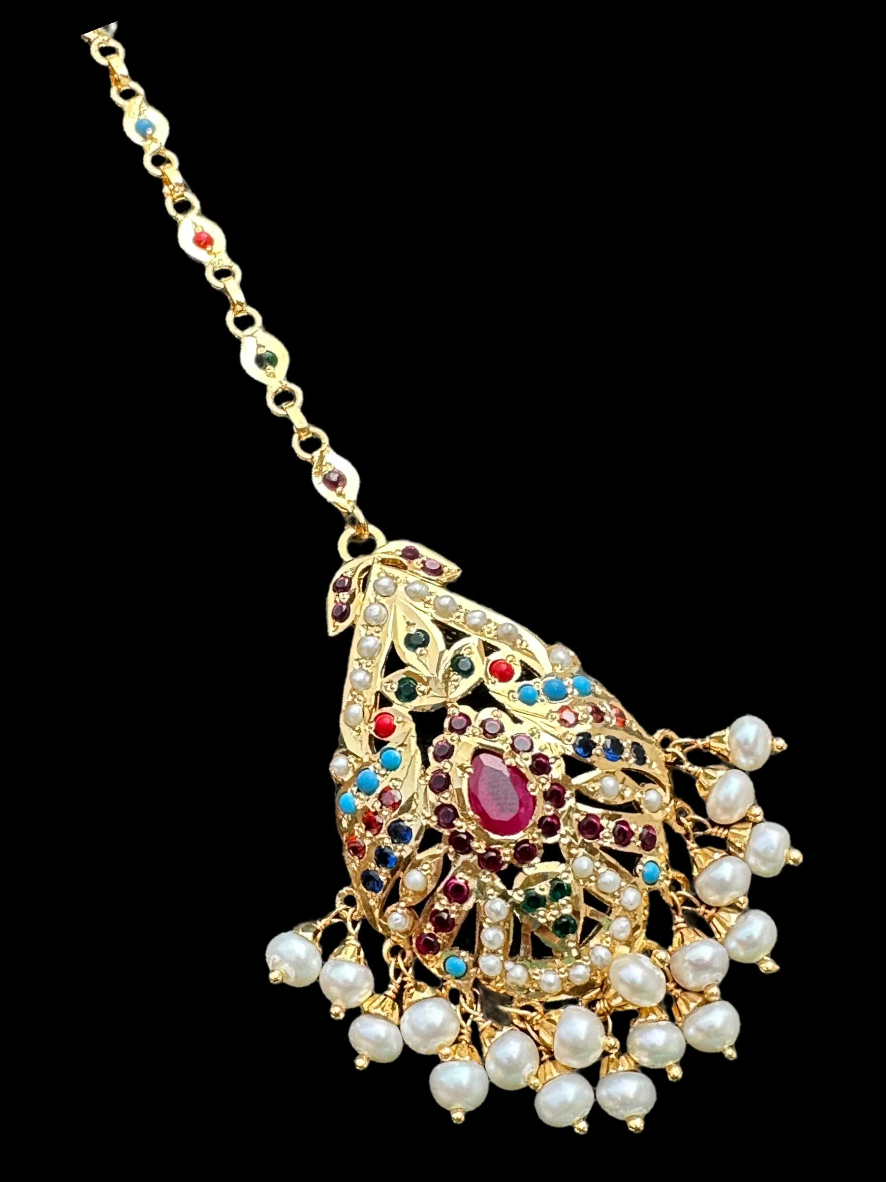 Gold plated silver tika in navratan ( READY TO SHIP )