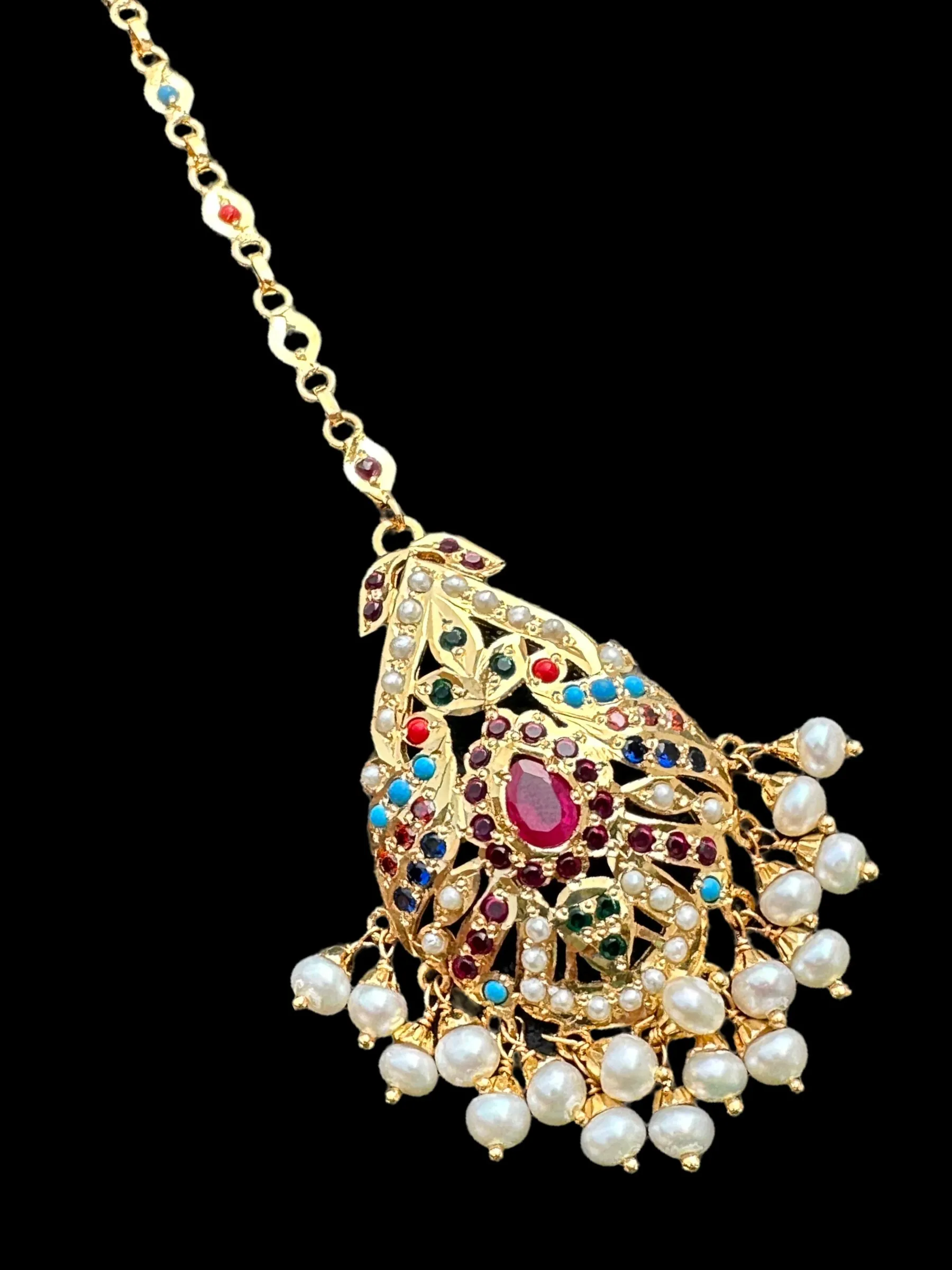 Gold plated silver tika in navratan ( READY TO SHIP )