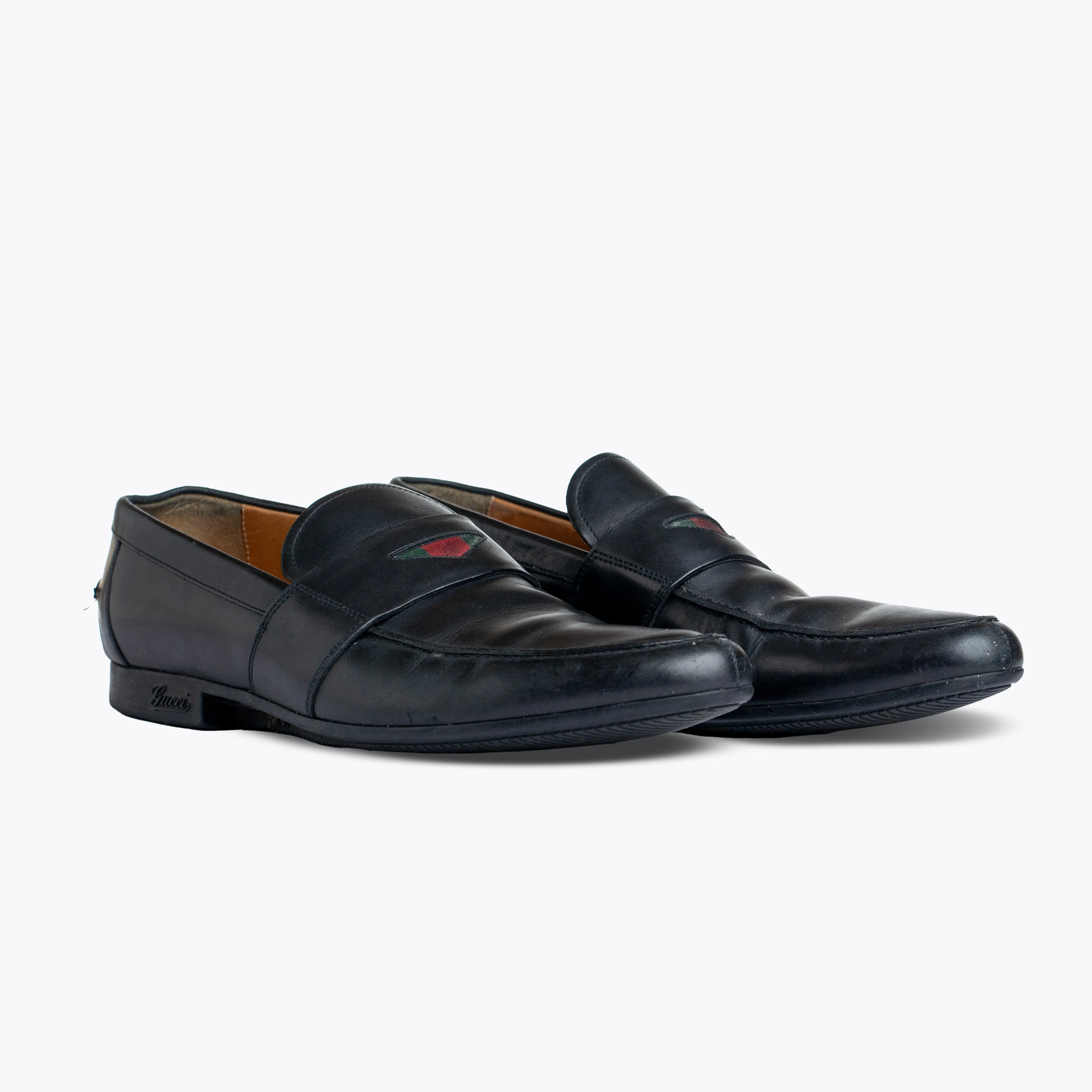 GUCCI BROWN LEATHER WEB DETAIL LOAFERS