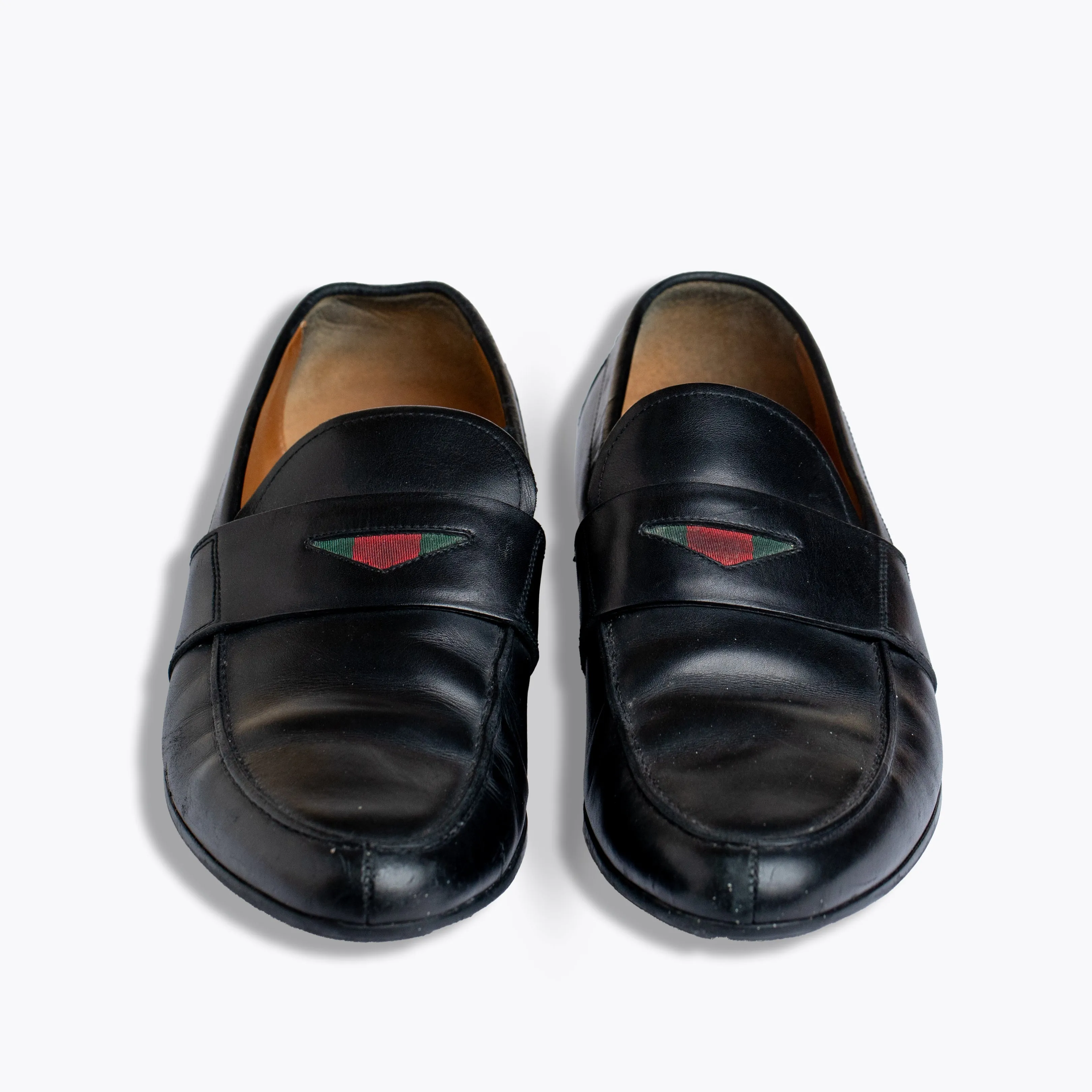 GUCCI BROWN LEATHER WEB DETAIL LOAFERS