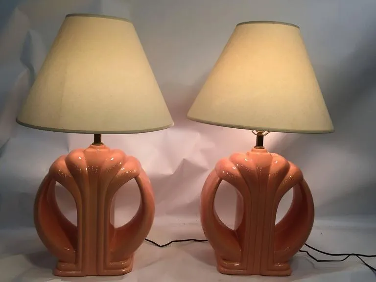 Modern Karl Springer Style Coral Ceramic Lamps