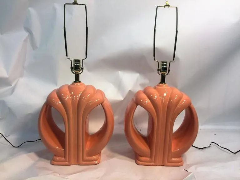 Modern Karl Springer Style Coral Ceramic Lamps