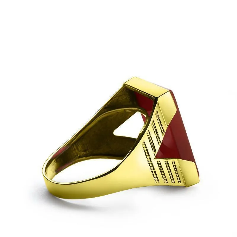 Modern Style Men Ring Real 10K Solid Yellow GOLD Natural Flat Red Agate Gemstone