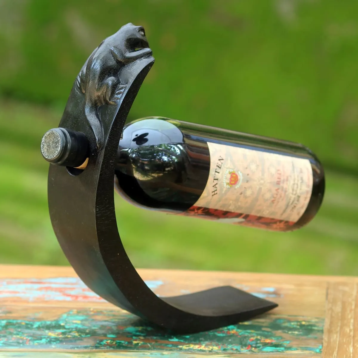 Novica Black Lizard Wood Bottle Holder